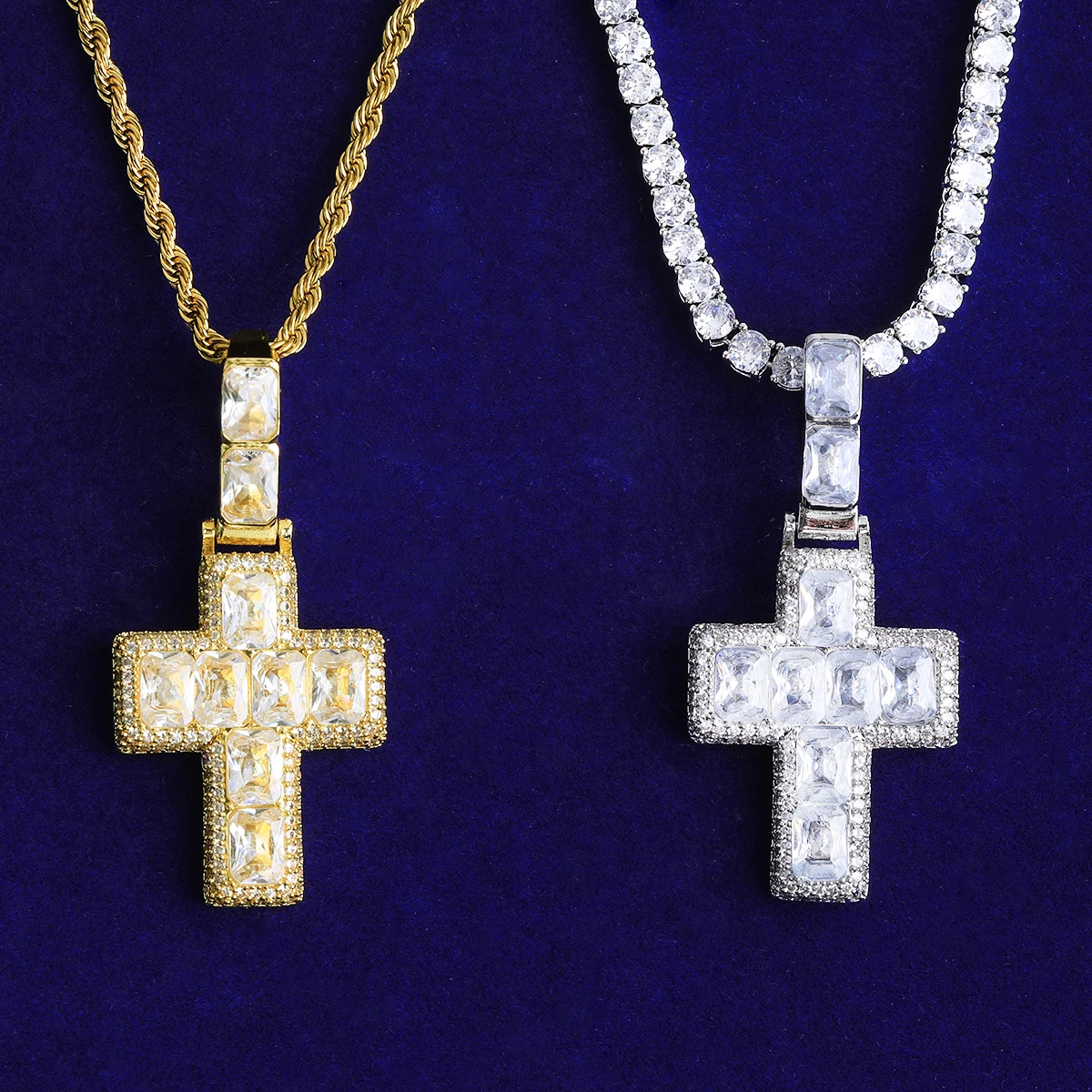 Bubble Letter Iced Out Baguette Cross Necklace Pendant for Men 5A Cubic Zirconia Gold Plated Hip Hop Jewelry