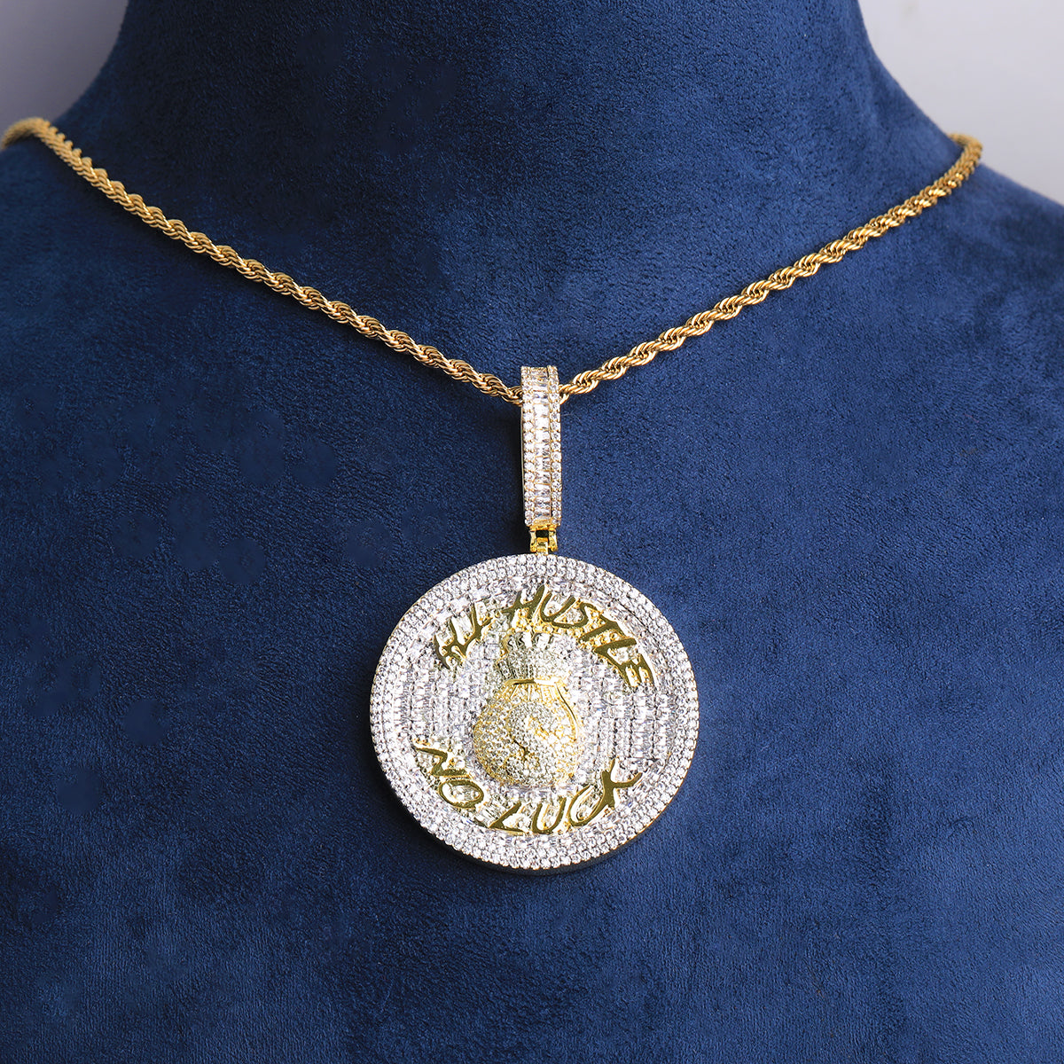 Bubble Letter Iced Out All Hustle No Luck Necklace Pendant for Men 5A Cubic Zirconia Hip Hop Jewelry