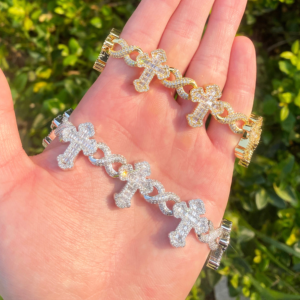 Bubble Letter Iced Out Baguette Cross Infinity Link Bracelet for Men 5A Cubic Zirconia Real Gold Plated Hip Hop Jewelry