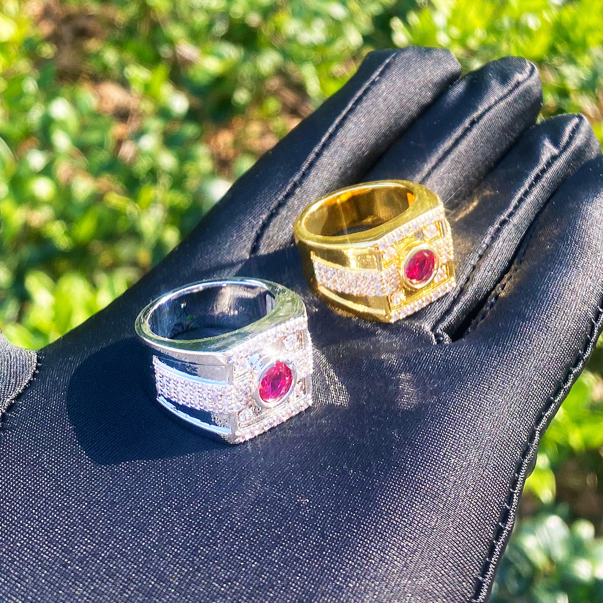 Bubble Letter Iced Out Pink Stone Ring for Men Real Gold Plated Hip Hop Jewelry