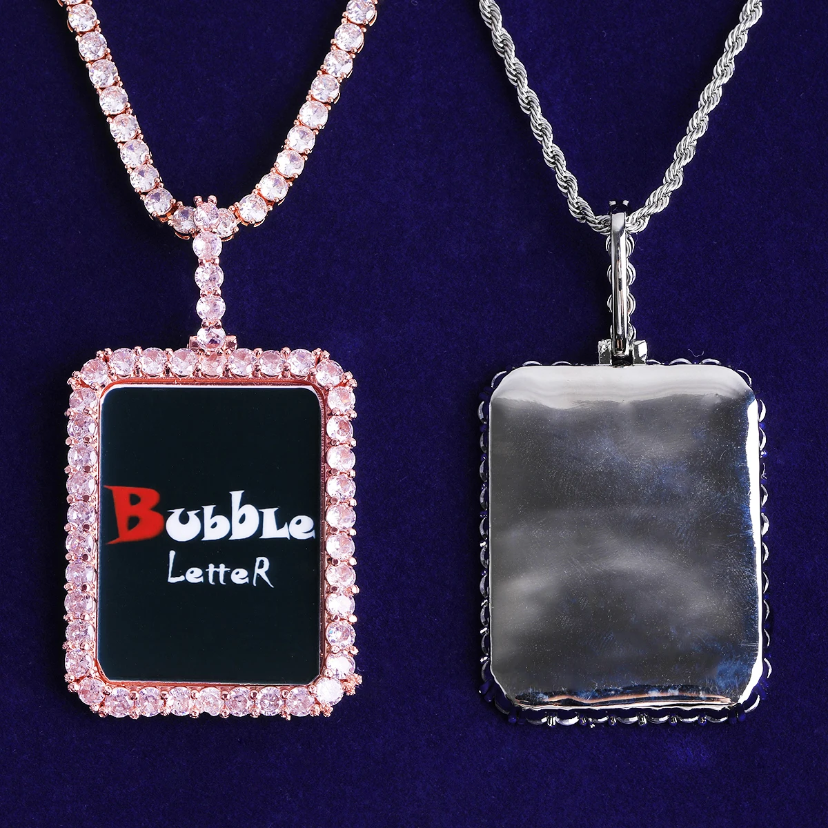 Bubble Letter Iced Solid Back Rectangular Custom Photo Necklace Pendant Men Real Gold Plated 5A Cubic Zirconia Hip Hop Jewelry