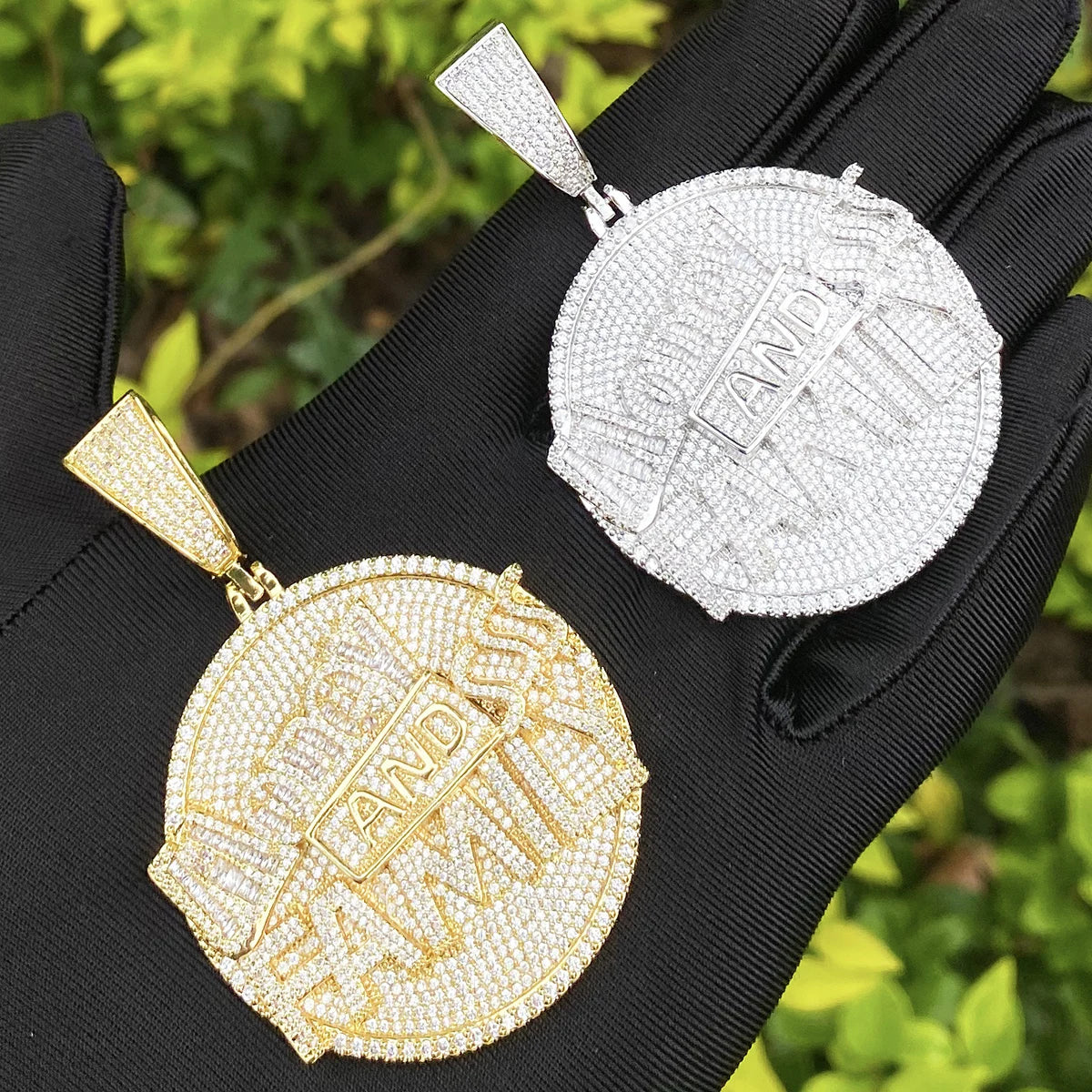 Bubble Letter Iced Out Money and Family Necklace Pendant for Men Real Gold Plated 5A Cubic Zirconia Hip Hop Jewelry