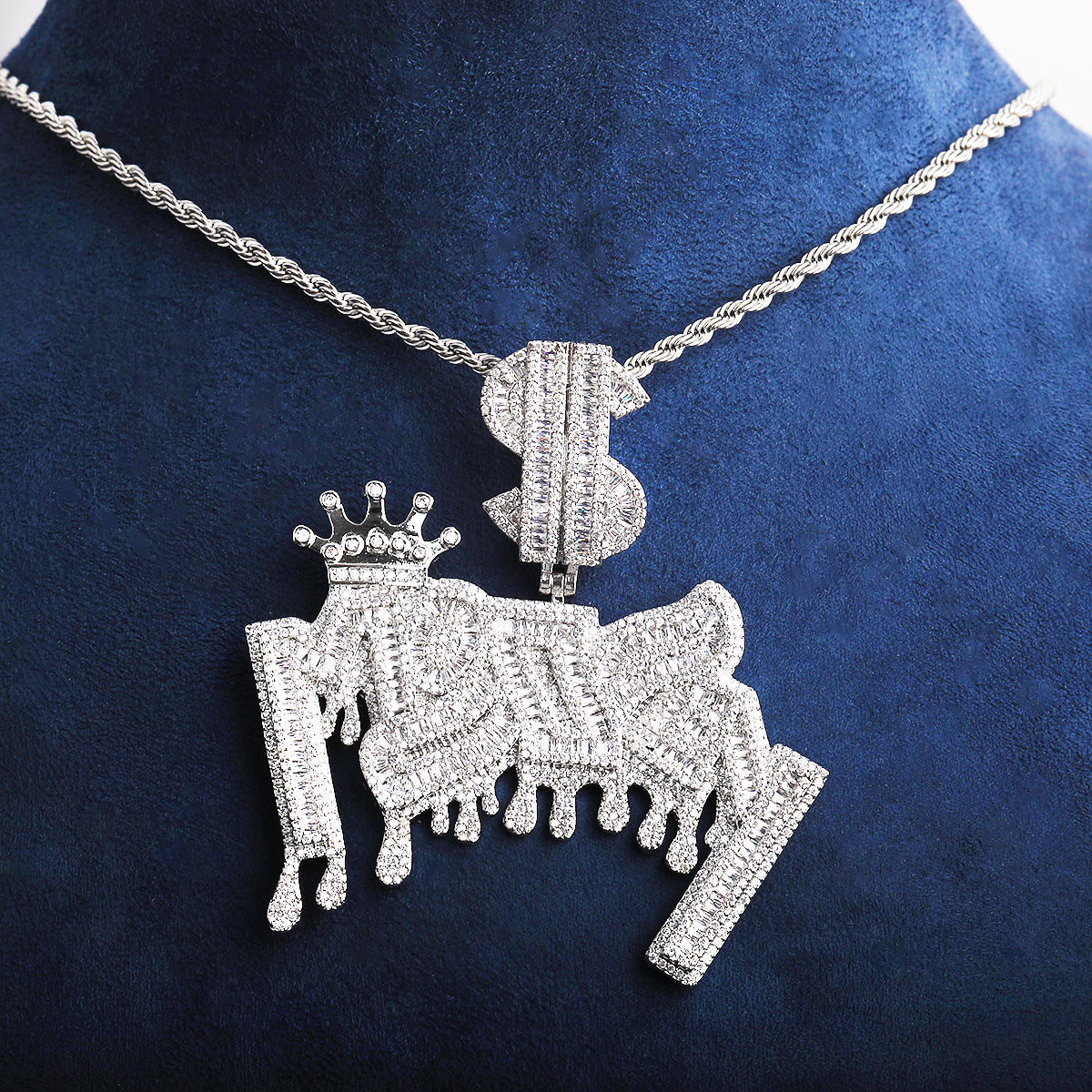 Bubble Letter Iced Out Money Dollar Sign Bail Necklace Pendant for Men 5A Cubic Zirconia Gold Plated Hip Hop Jewelry