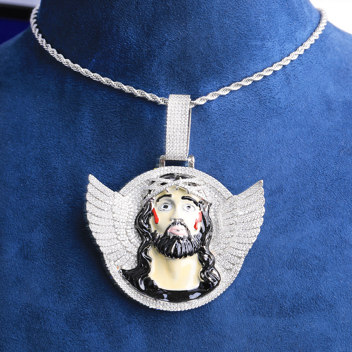 Bubble Letter Iced Out Wing Jesus Disc Necklace Pendant for Men 5A Cubic Zirconia Hip Hop Jewelry