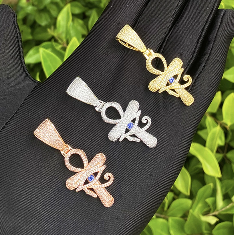 Bubble Letter Iced Out Eye Cross Necklace Pendant for Men 5A Cubic Zirconia Gold Plated Hip Hop Jewelry