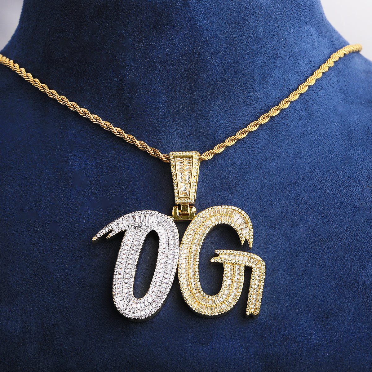 Bubble Letter Iced Out OG Two Tone Necklace Pendant for Men 5A Cubic Zirconia Gold Plated Hip Hop Jewelry