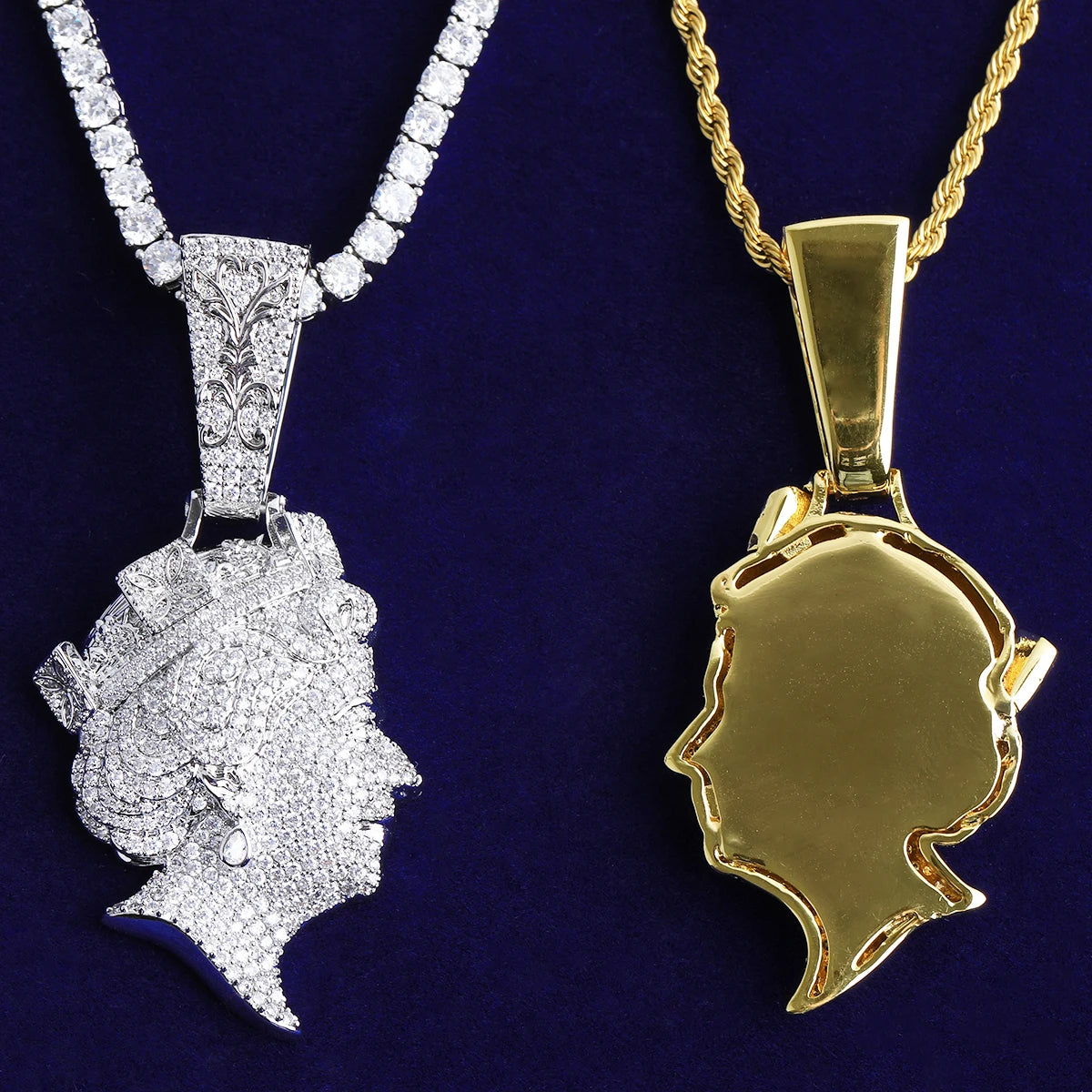Bubble Letter Iced Out Queen Head Necklace Pendant for Men Real Gold Plated 5A Cubic Zirconia Hip Hop Jewelry
