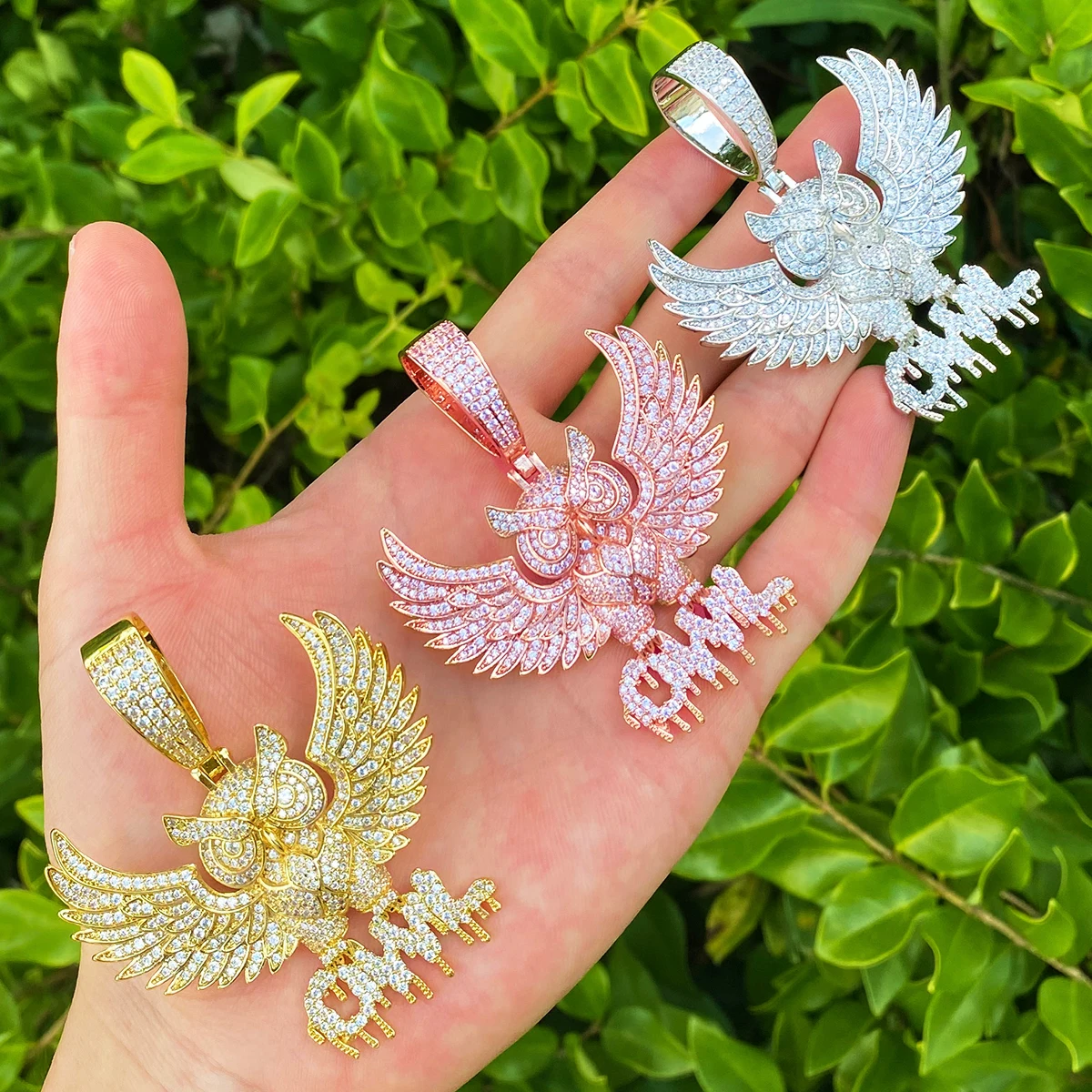 Bubble Letter Iced Out Owl Necklace Pendant for Men 5A Cubic Zirconia Gold Plated Hip Hop Jewelry