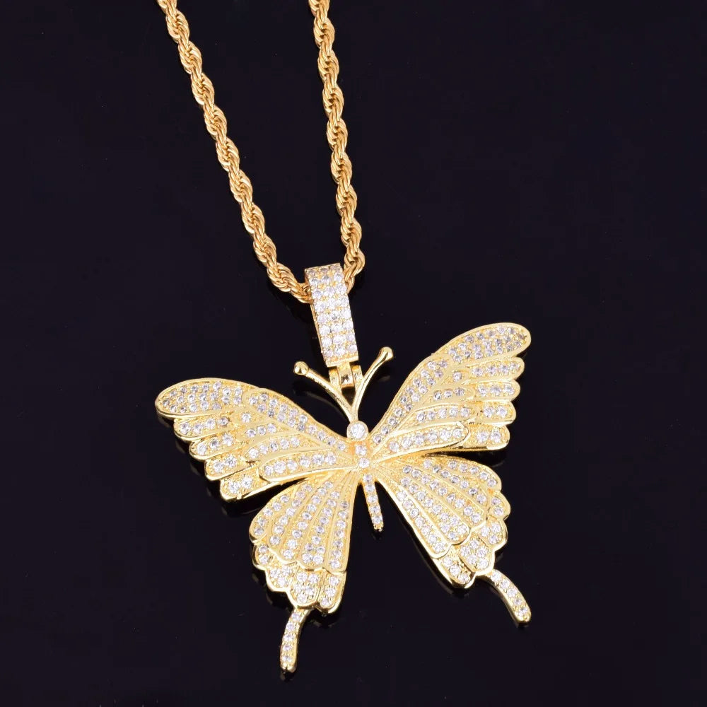 Bubble Letter Animal Butterfly Necklace & Pendant Iced Out Gold Color AAA Cubic Zircon Men's Women Hip Hop Rock Jewelry