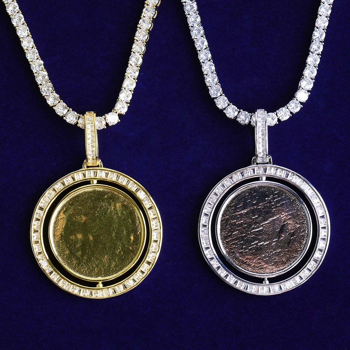 Bubble Letter Baguette Rotating Customized Photo Necklace Pendant for Men Real Gold Plated 5A Cubic Zirconia Hip Hop Jewelry