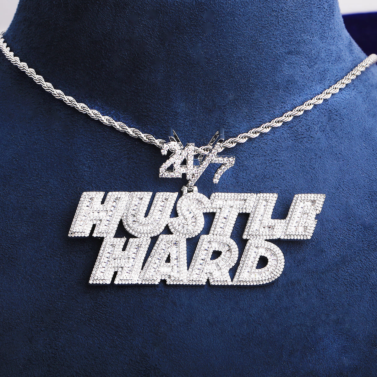 Bubble Letter Iced Out Hustle Hard 24/7 Necklace Pendant Men 5A Prong Setting Cubic Zirconia Copper Gold Plated Hip Hop Jewelry