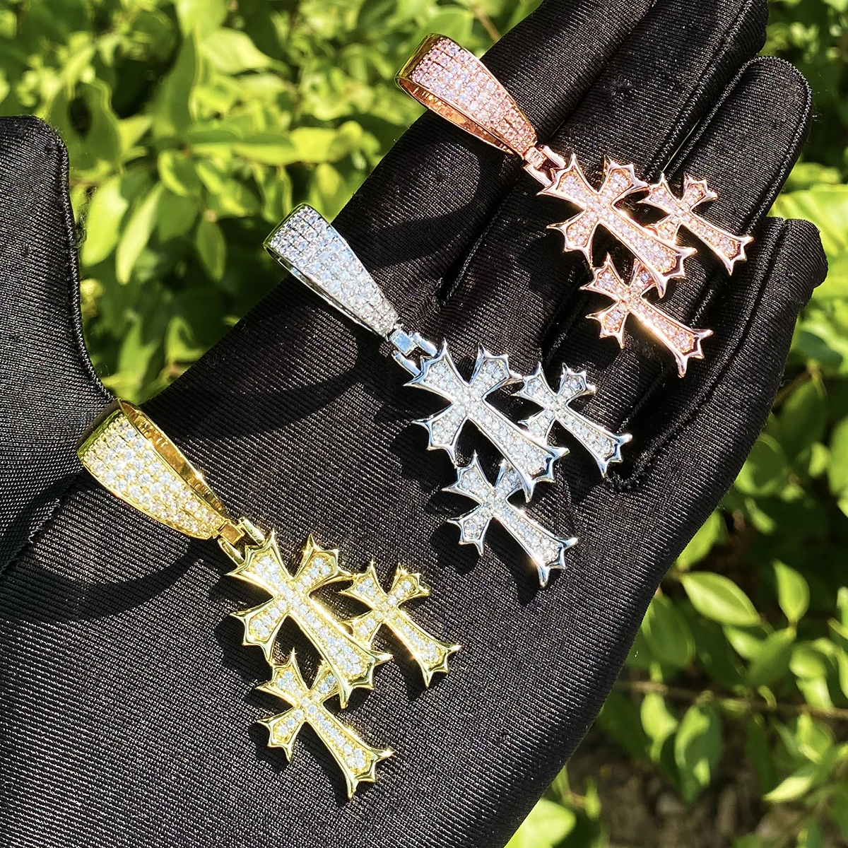 Bubble Letter Iced Out 3 in 1 Cross Necklace Pendant for Men Real Gold Plated 5A Cubic Zirconia Hip Hop Jewelry