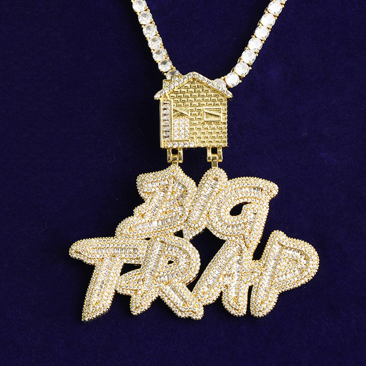 Bubble Letter Iced Out Big Trap House Bail Necklace Pendant for Men Real Gold Plated 5A Cubic Zirconia Hip Hop Jewelry