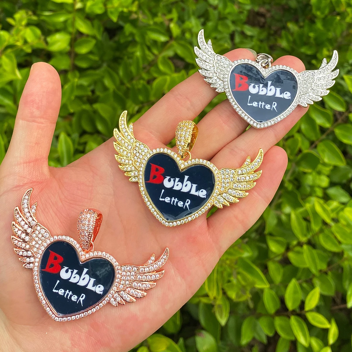 Bubble Letter Iced Out Wing Heart Solid back Custom Photo Necklace Pendant for Men Real Gold Plated 5A Grade Hip Hop Jewelry