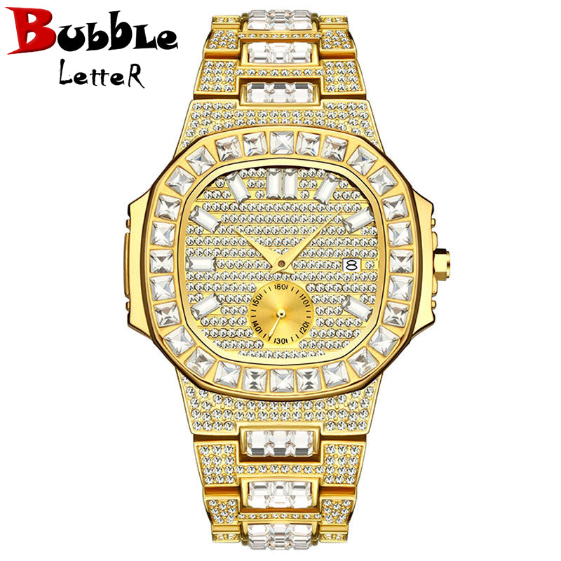 Bubble Letter LUXURY DATE SPECIAL MINIUTE HAND ICED OUT DIAMOND WATCH