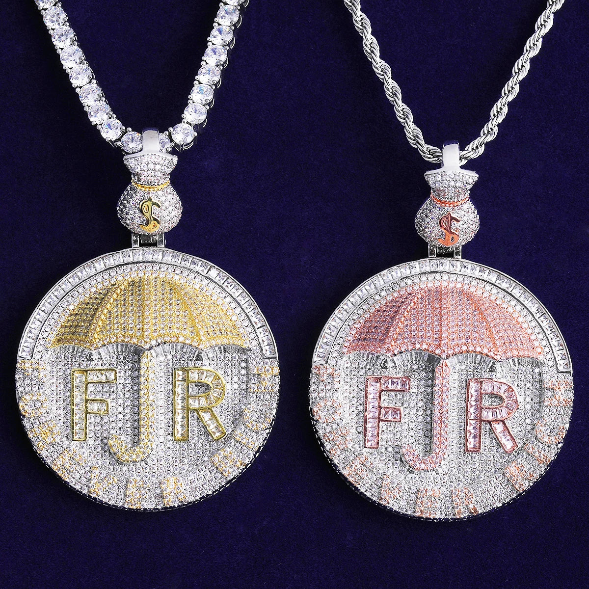Bubble Letter Iced Out Forever Rich Umbrella ecklace Pendant for Women Real Gold Plated 5A Cubic Zirconia Hip Hop Jewelry