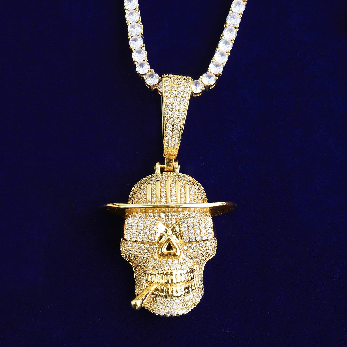 Bubble Letter Iced Out Skull Sigarette Necklace Pendant for Men Real Gold Plated 5A Grade Hip Hop Jewelry