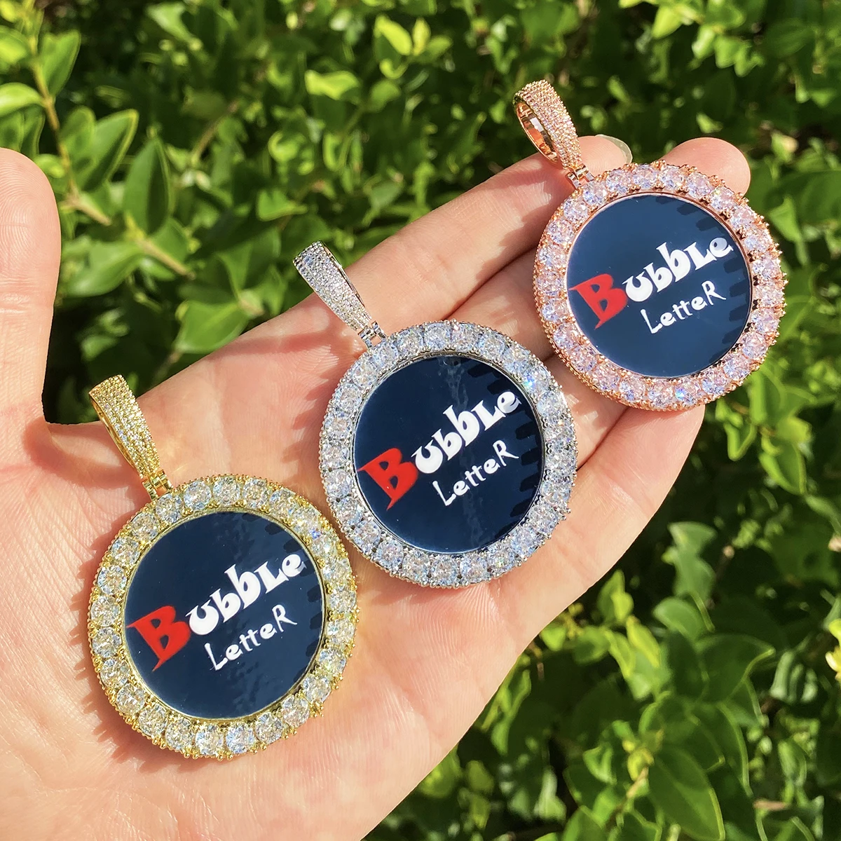 Bubble Letter Iced Out Solid Back Custom Photo Pendant for Men 5A Cubic Zirconia Prong Setting Hip Hop Jewelry