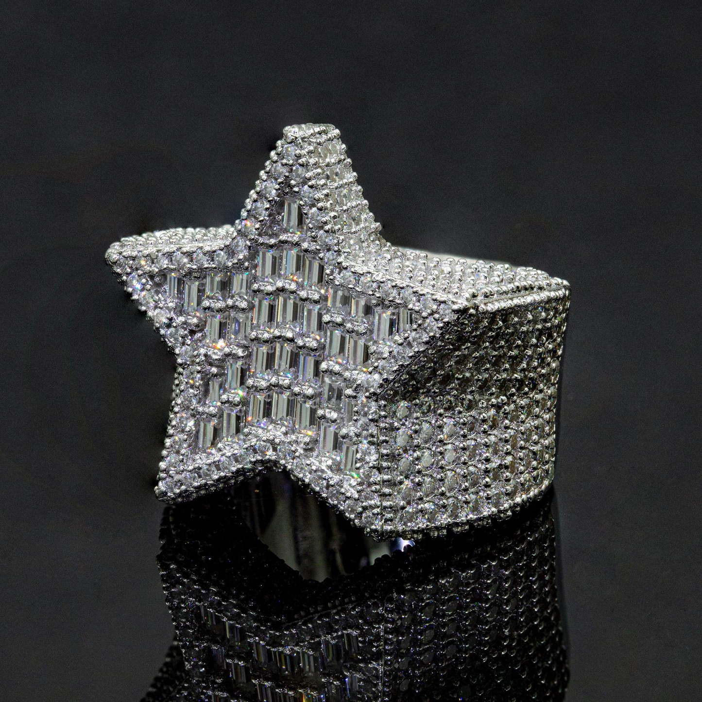Bubble Letter Silver Moissanite VVS Baguette Top Star Ring for Men Hip Hop Jewelry