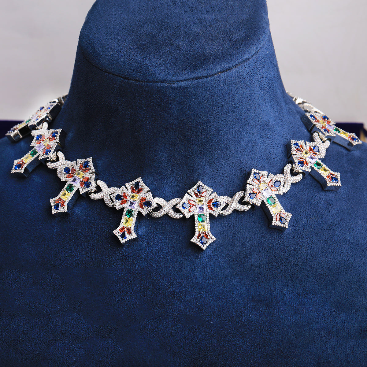 Bubble Letter Iced Out Colorful Cross Link Chain for Men Necklace Choker Prong Setting Hip Hop Jewelry