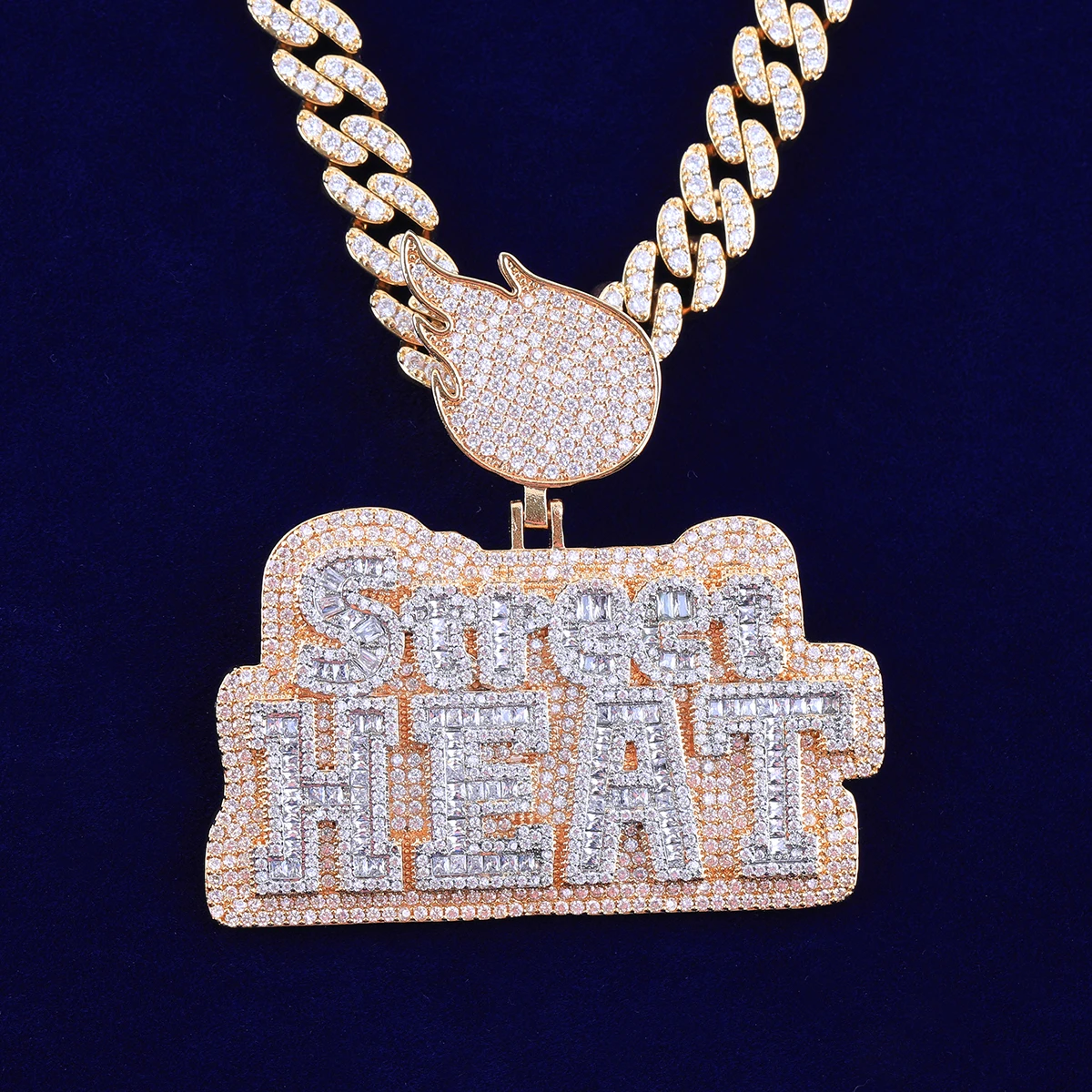 Bubble Letter Iced Out Street Heat Necklace Pendant for Men Micro Pave Fire Bail Real Gold Plated Hip Hop Jewelry