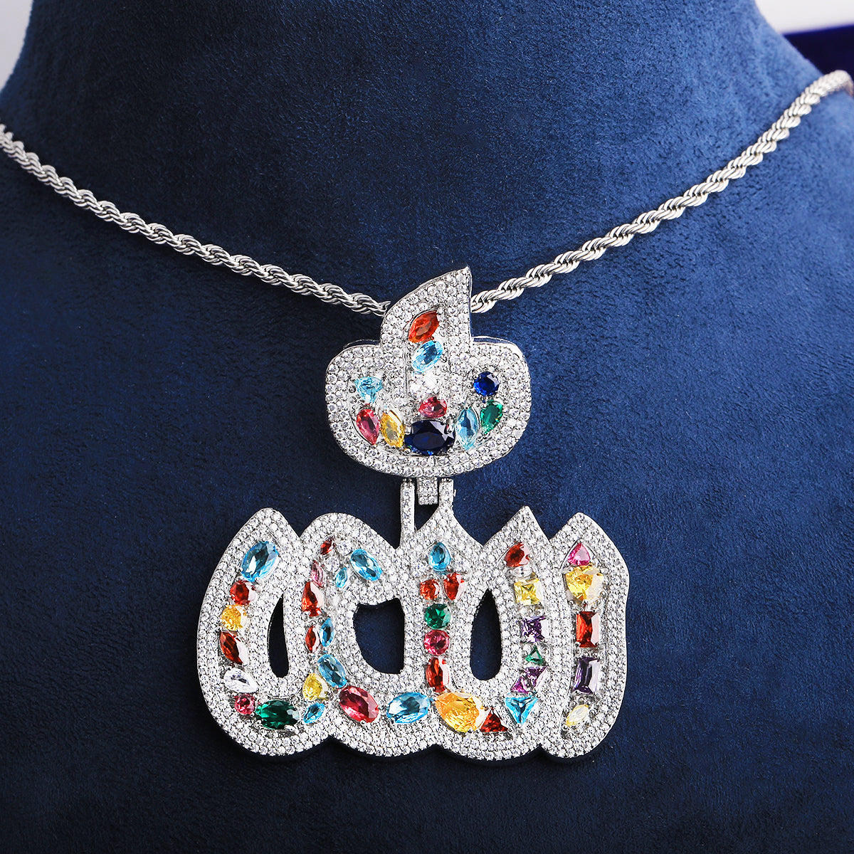 Bubble Letter Iced Out Colorful Allah Necklace Pendant for Men 5A Copper Cubic Zirconia Hip Hop Jewelry