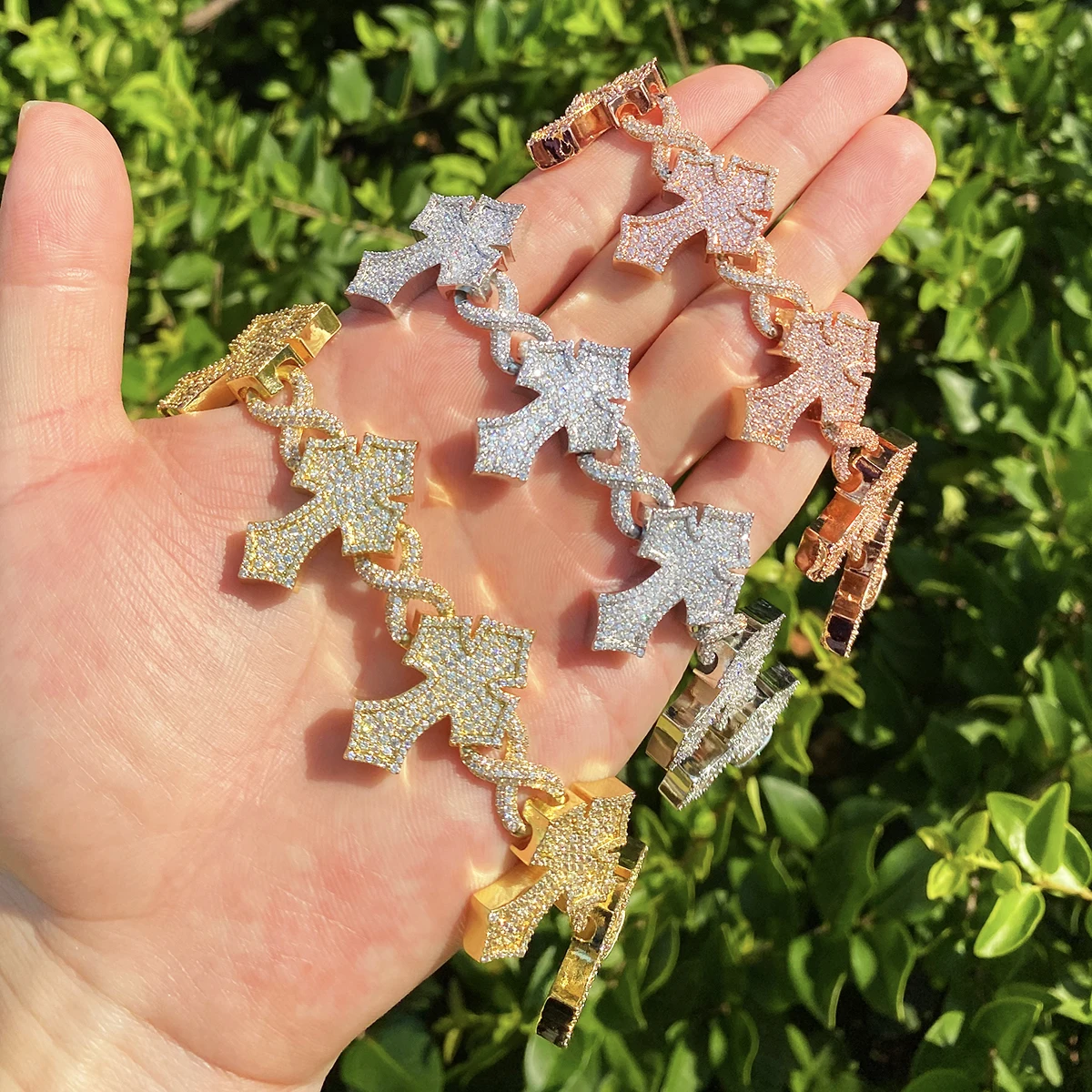 Bubble Letter Iced Out Cross Infinity Link Bracelet for Men 5A Cubic Zirconia Gold Plated Hip Hop Jewelry