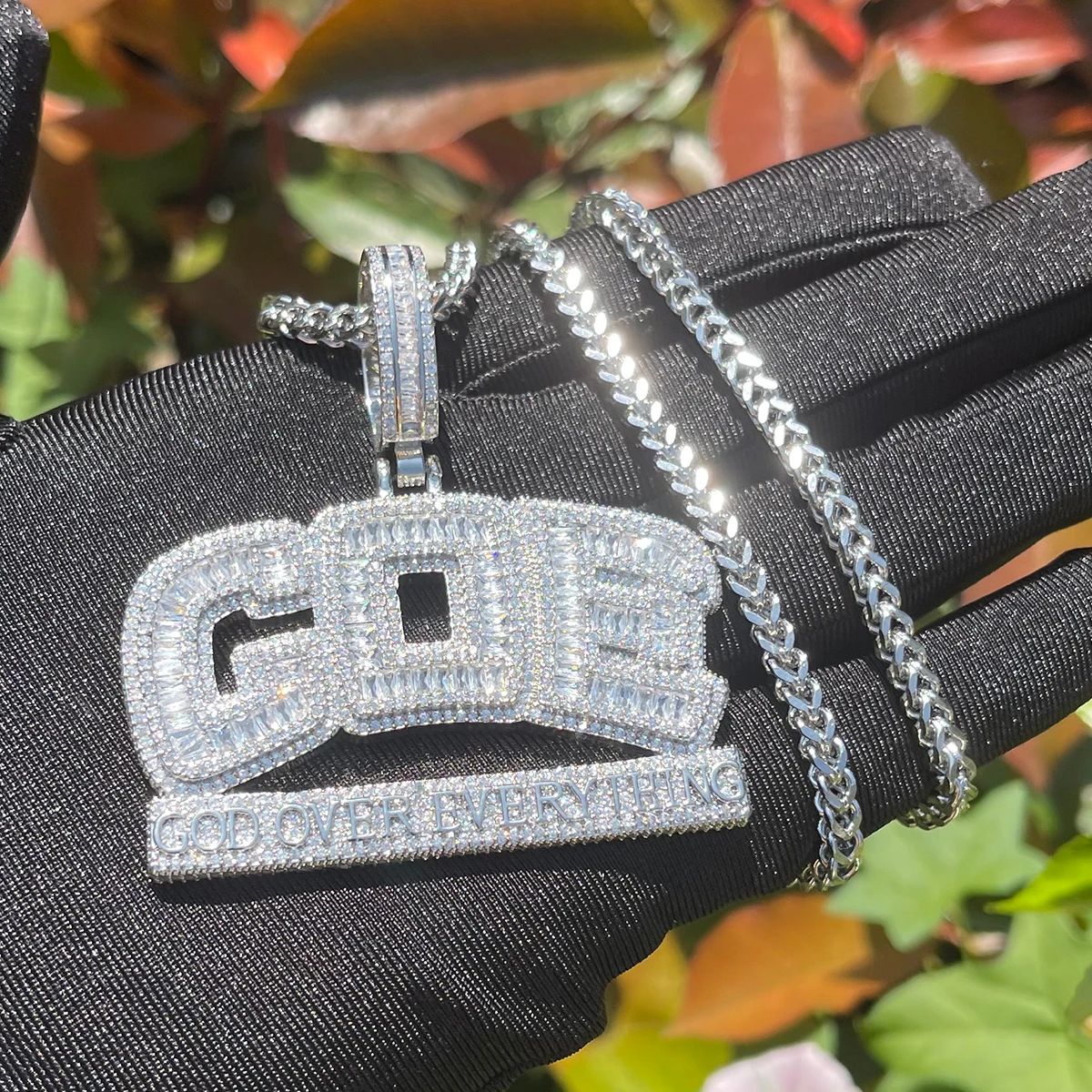 Bubble Letter Iced Out Necklace for Men God Over Everything Pendant Double Color Hip Hop Jewelry