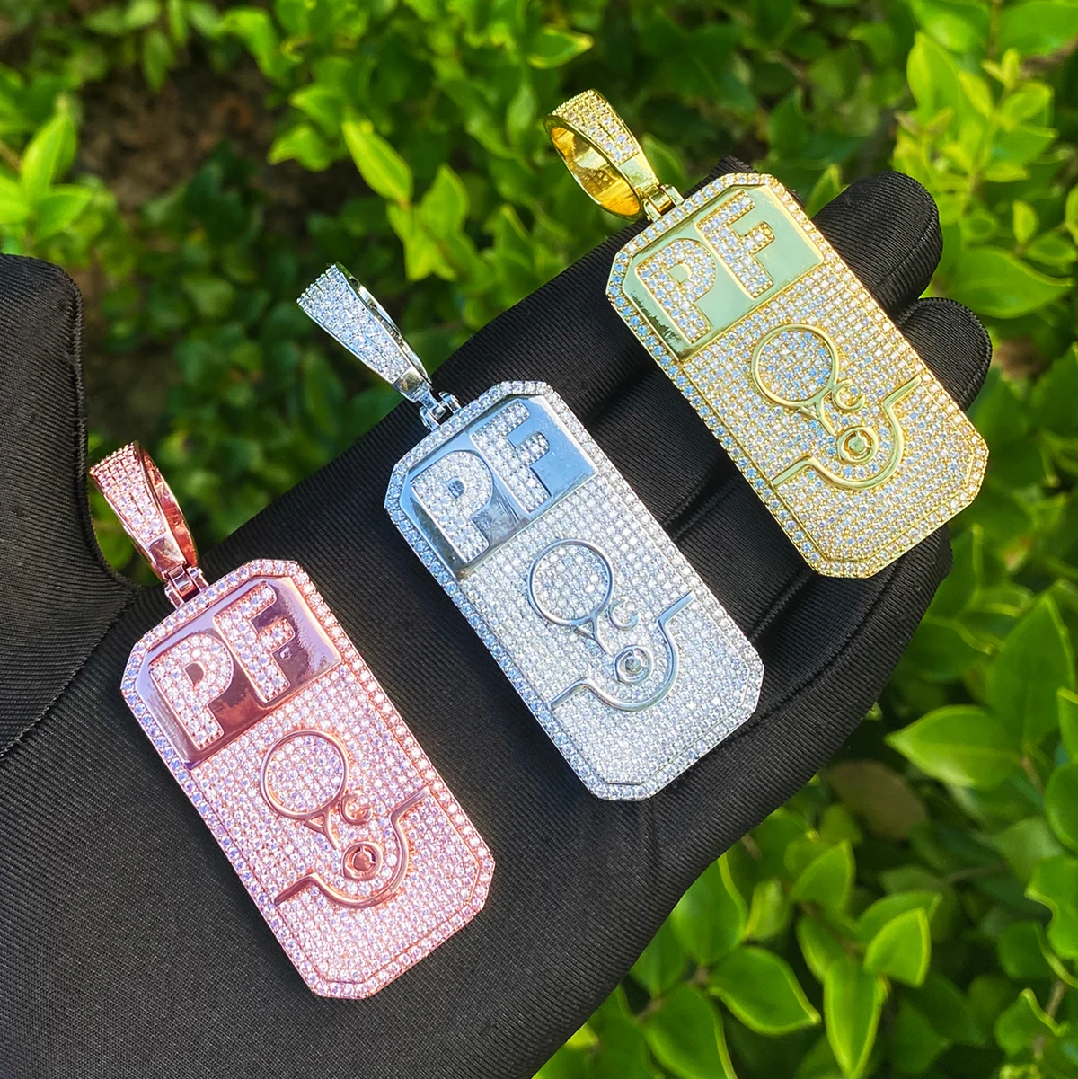 Bubble Letter Iced Out PF Dog Tag Necklace Pendant for Men 5A Cubic Zirconia Gold Plated Hip Hop Jewelry