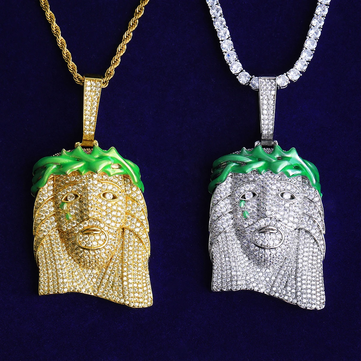 Bubble Letter Iced Out Green Jesus Necklace Pendant for Men 5A Cubic Zirconia Gold Plated Hip Hop Jewelry