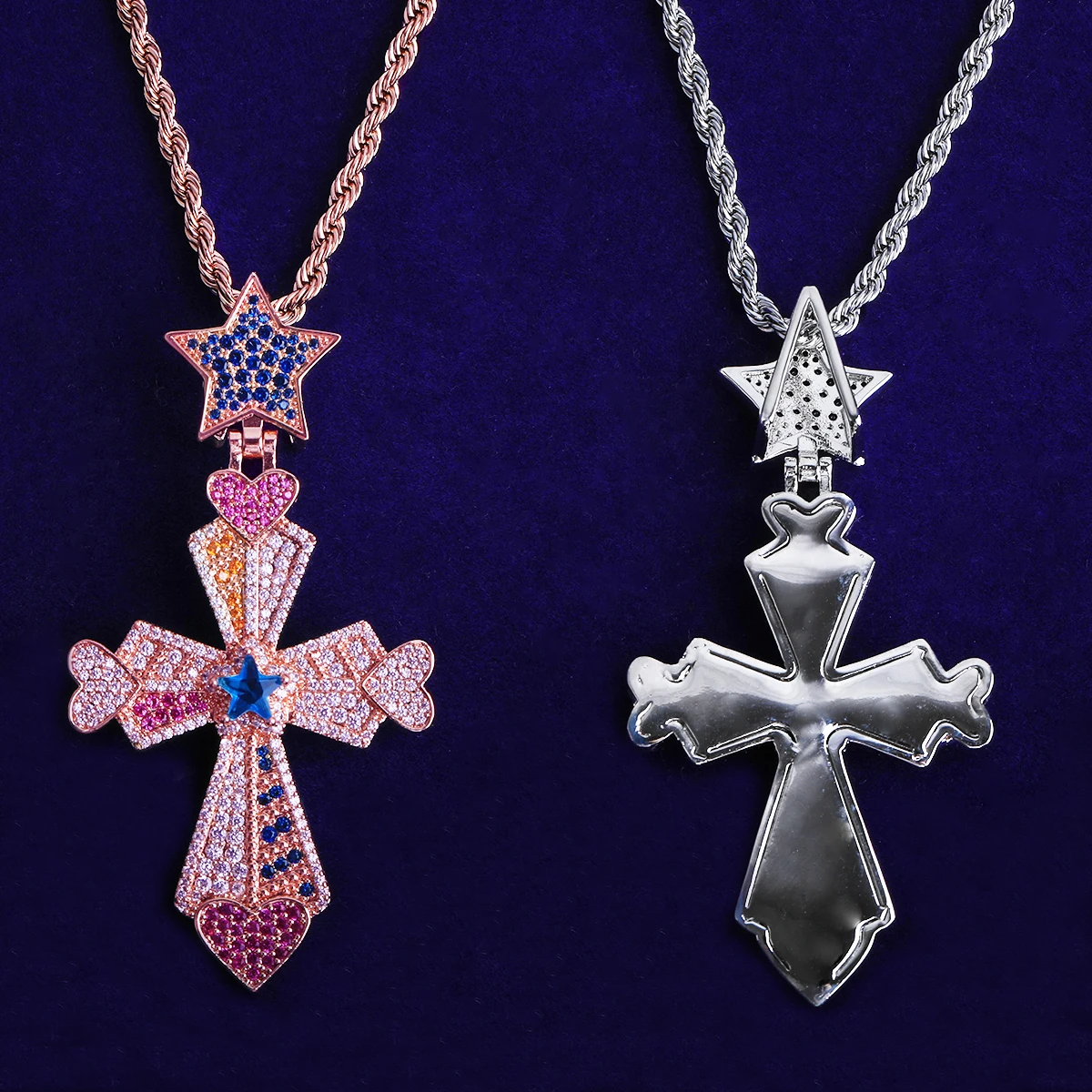 Bubble Letter Iced Out Colorful Cross Heart Arrow Star Bail Necklace Pendant Men Gold Plated 5A Cubic Zirconia Hip Hop Jewelry