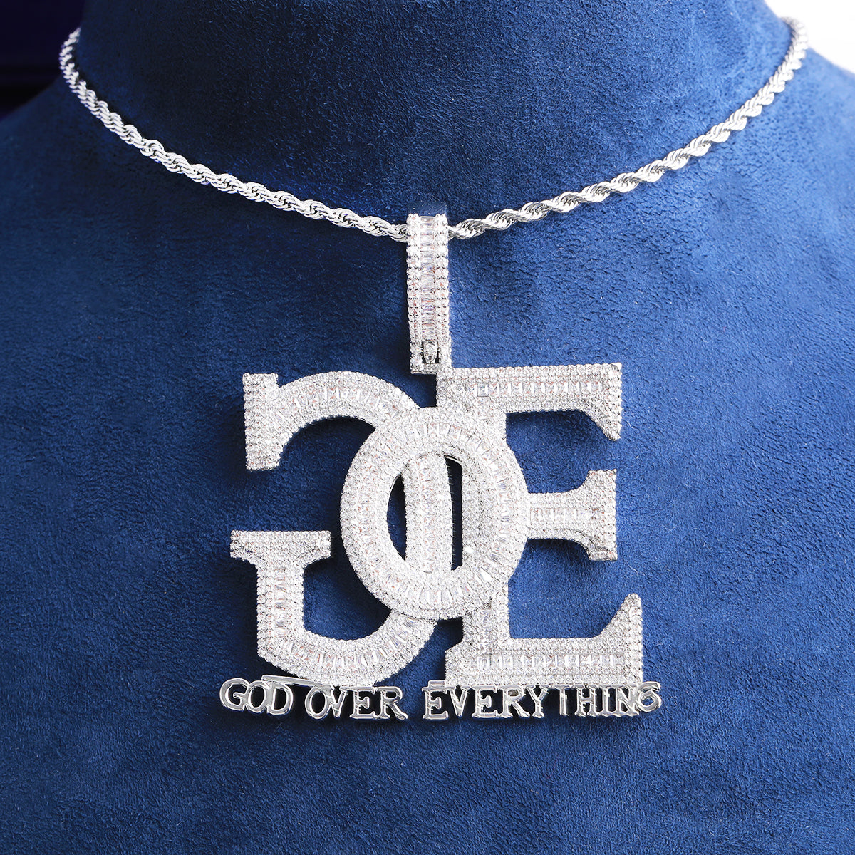 Bubble Letter Iced Out Backside God Over Everything Necklace Pendant for Men Real Gold Plated 5A Cubic Zirconia Hip Hop Jewelry