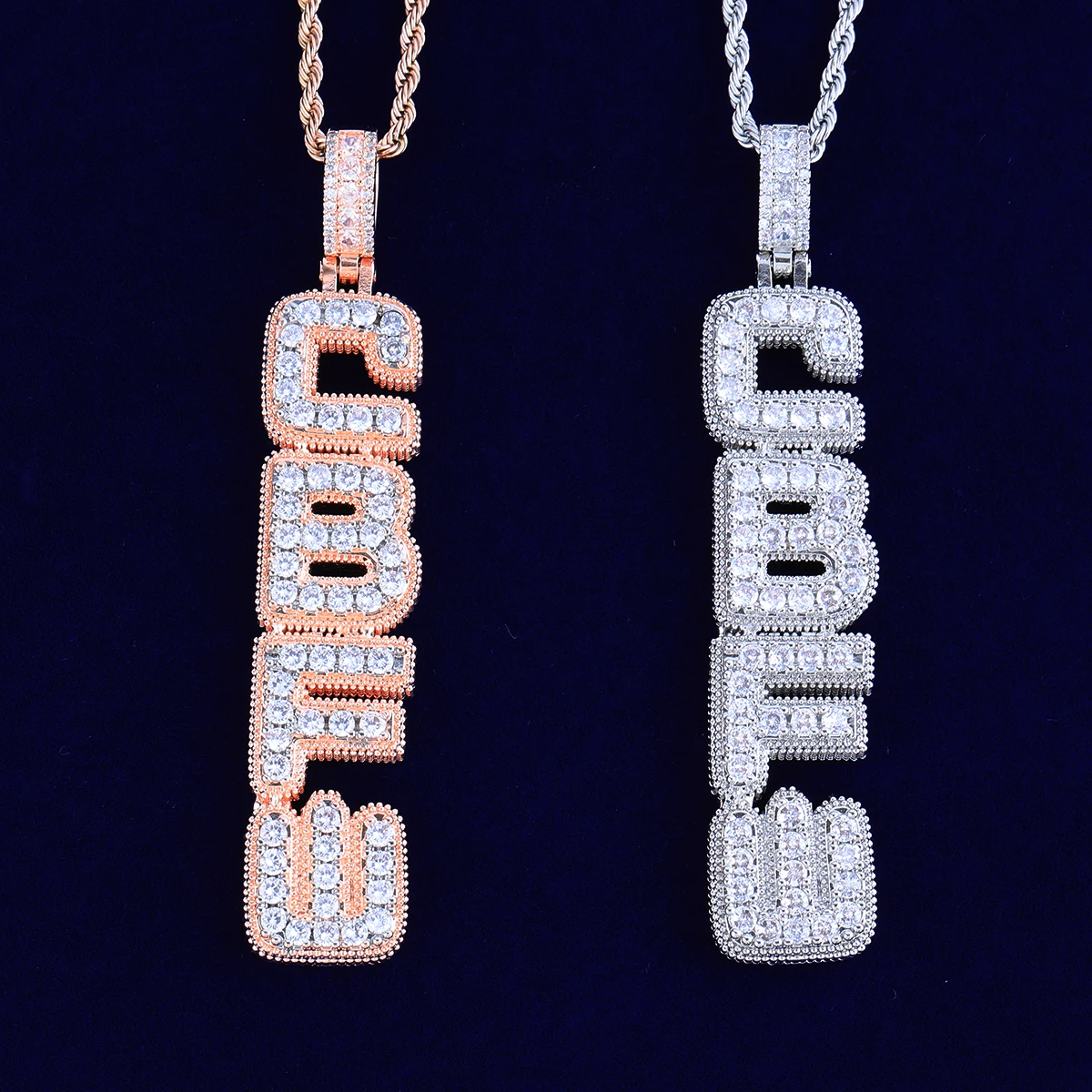 Bubble Letter Iced Out Custom Name Necklace for Men Vertical Version Prong Setting Personalized Cubic Zirconia Hip Hop Jewelry