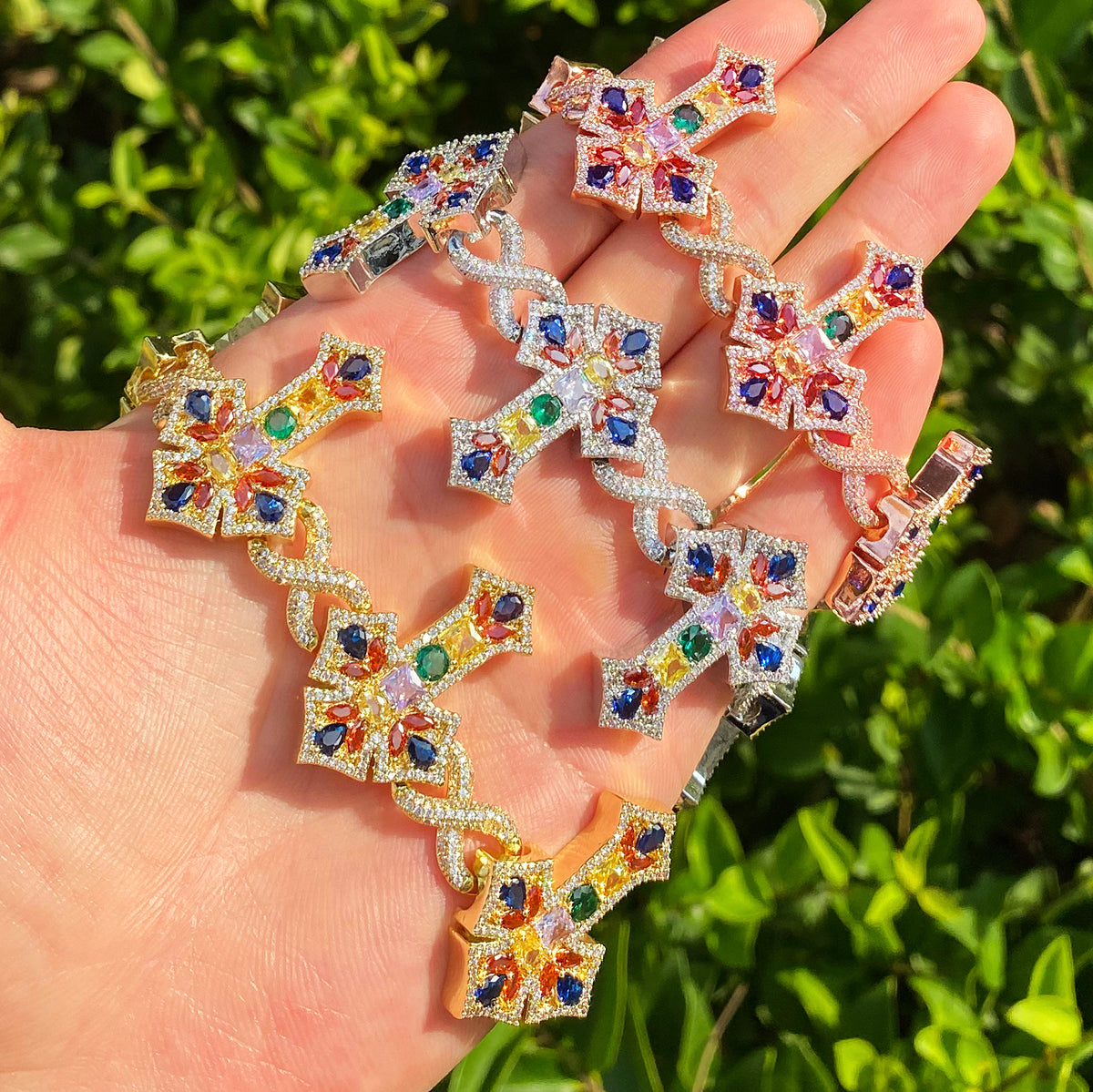 Bubble Letter Iced Out Colorful Cross Link Bracelet for Men 5A Cubic Zirconia Prong Setting Hip Hop Jewelry