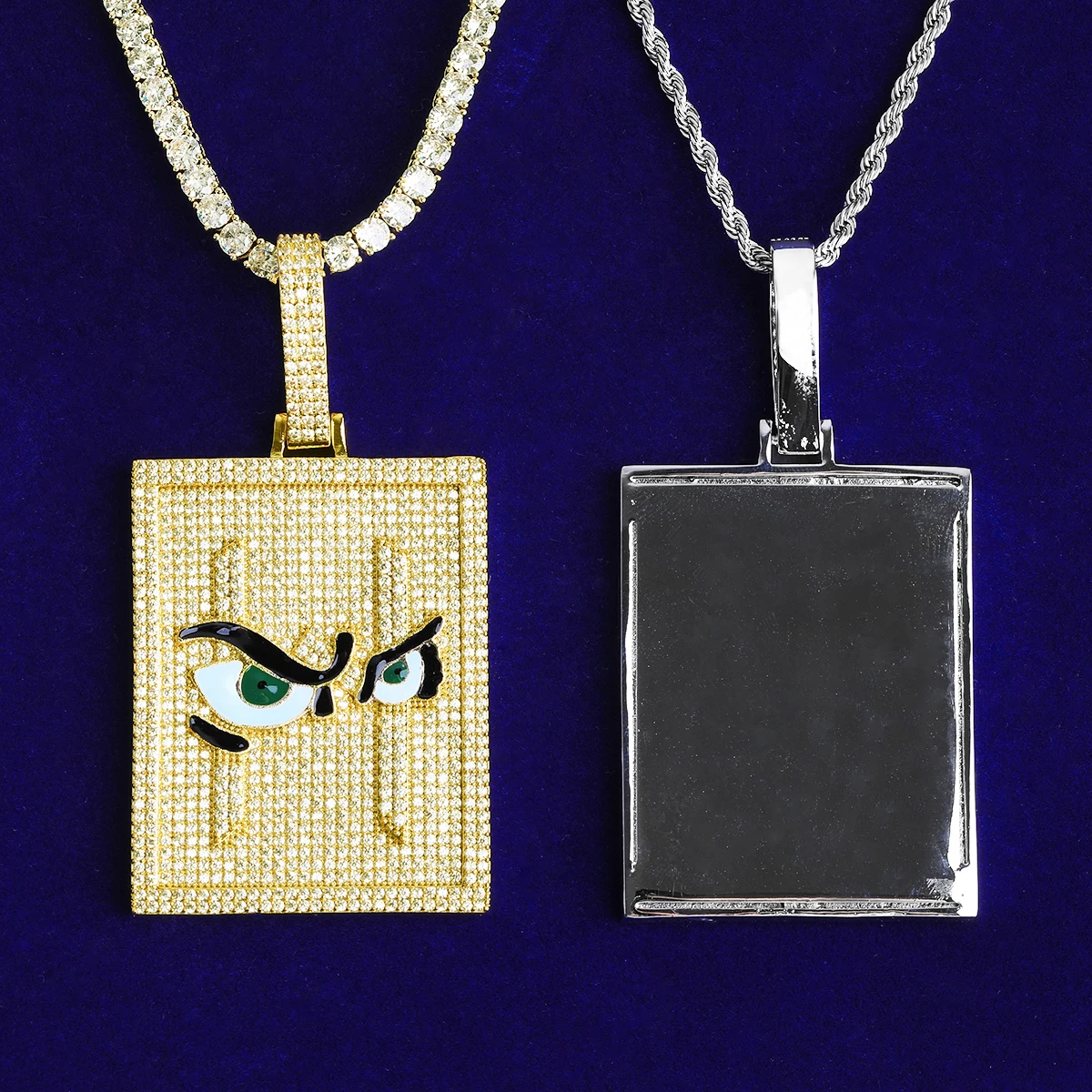Bubble Letter Iced Out Bird Eye Dog Tag Necklace Pendant for Men Real Gold Plated 5A Cubic Zirconia Hip Hop Jewelry