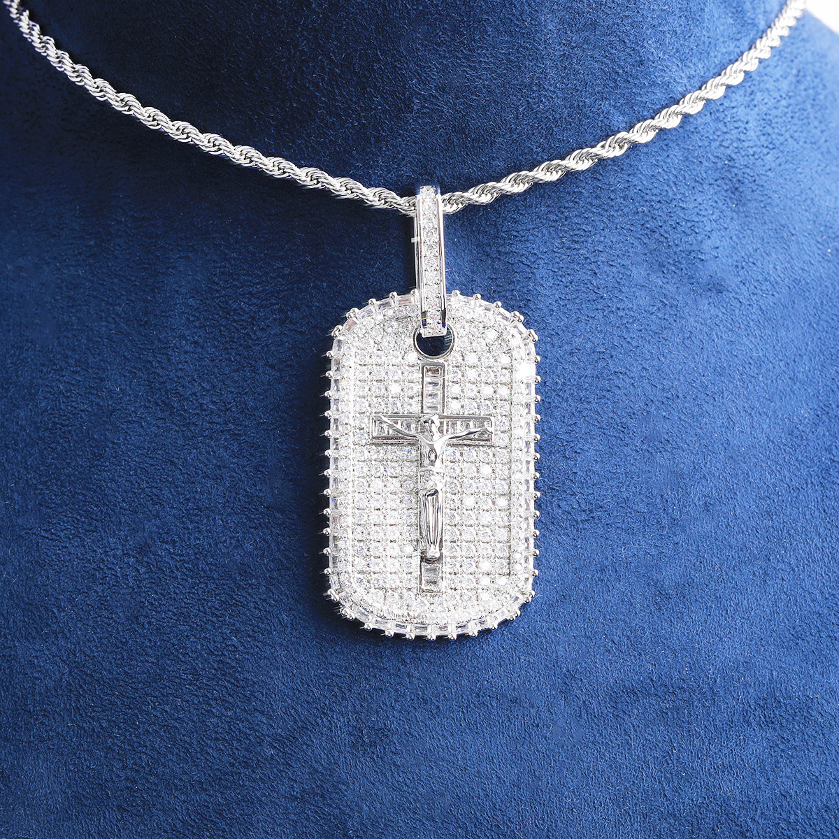 Bubble Letter Iced Out Dog Tag Cross Jesus Necklace Pendant for Men 5A Cubic Zirconia Hip Hop Jewelry