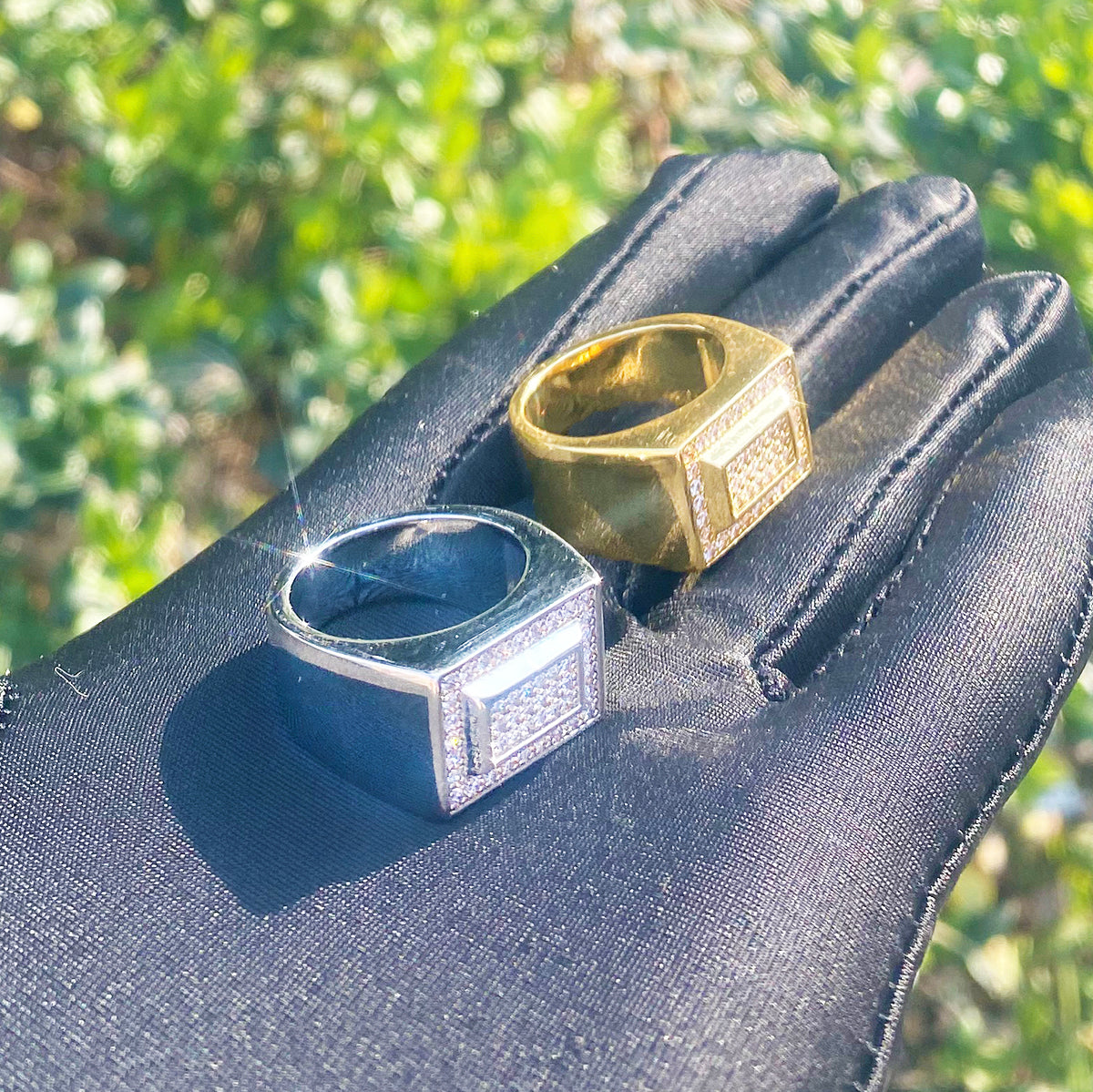 Bubble Letter Iced Out Double Rectangle Ring for Men Real Gold Plated Cubic Zirconia Hip Hop Jewelry