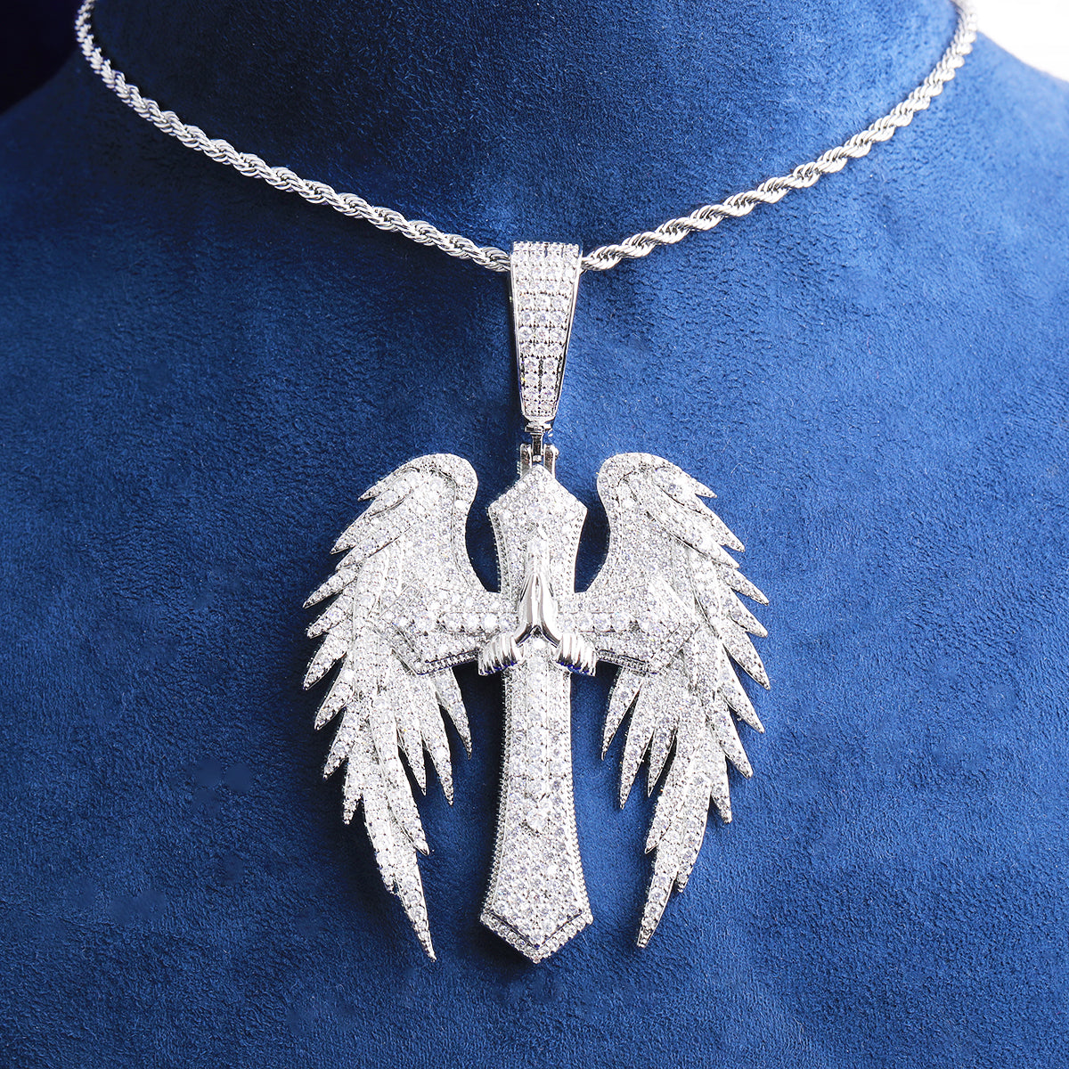 Bubble Letter Iced Out Cross Wing Jesus Necklace Pendant for Men 5A Cubic Zirconia Hip Hop Jewelry
