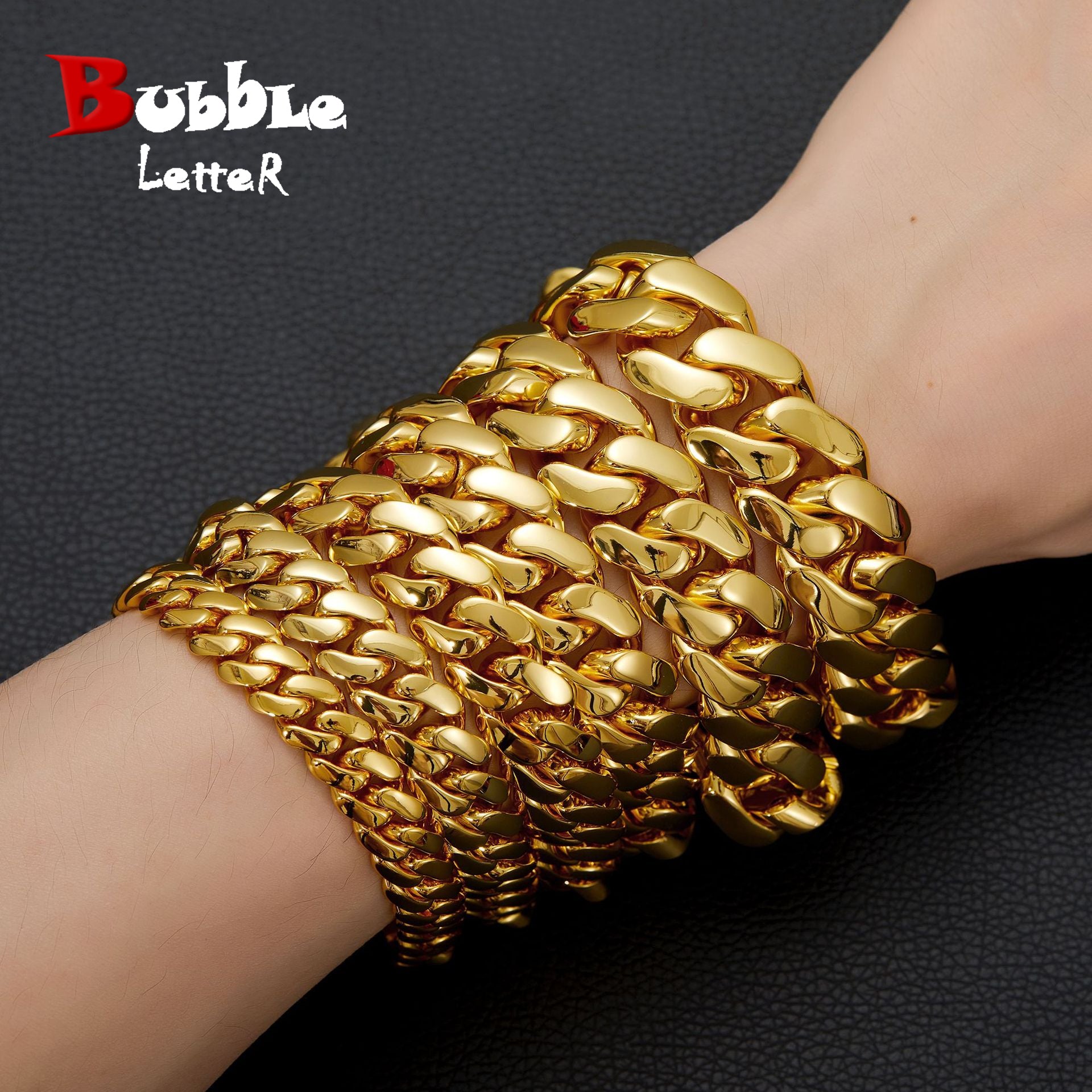 Bubble Letter Stainless Steel Miami Cuban Link Chain for Men Bracelet PVD Plating Real Gold Plated Flip Button Hip Hop Jewelry