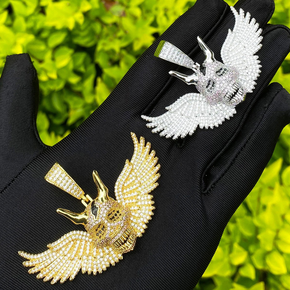 Bubble Letter Iced Out Wing Skull Necklace Pendant for Men Real Gold Plated 5A Cubic Zirconia Hip Hop Jewelry