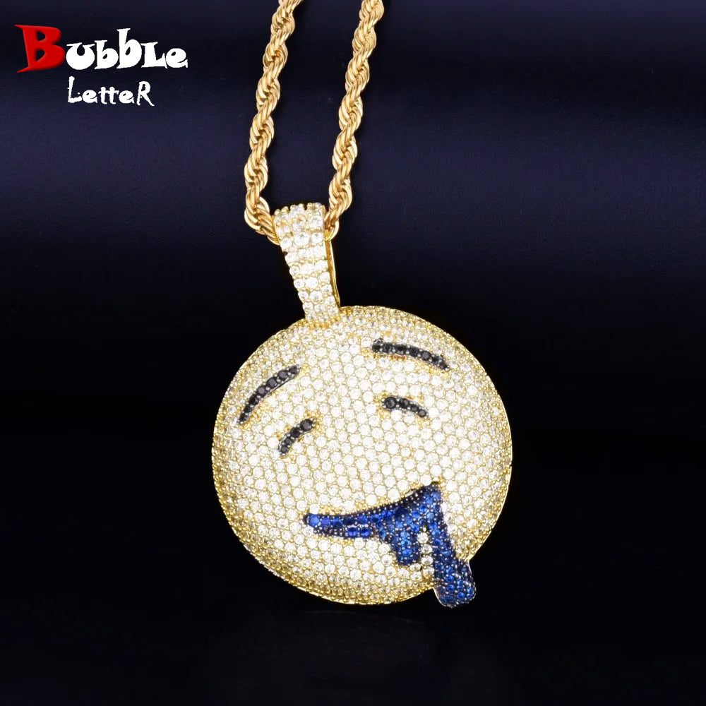 Bubble Letter Drool Round Face Pendant Gold Color Plated Charm Bling Cubic Zircon Men's Hip Hop Necklace Rock Jewelry