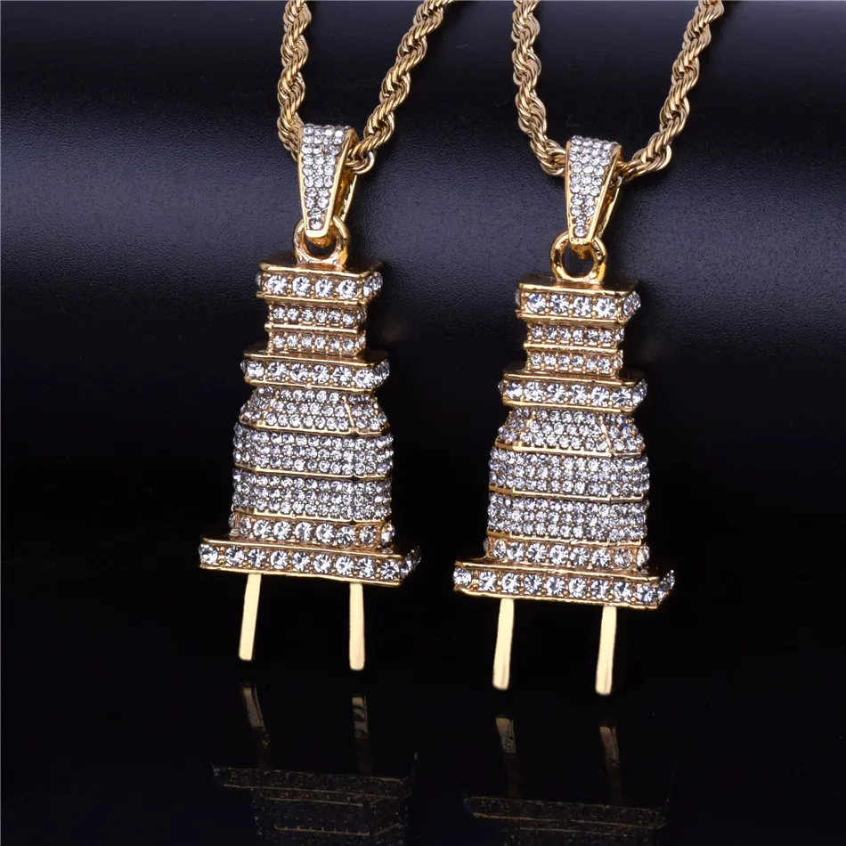 Bubble Letter Men's Iced Bling Plug Pendant Necklace Gold Color Charms Micro Pave Full Rhinestone Hip Hop Jewelry