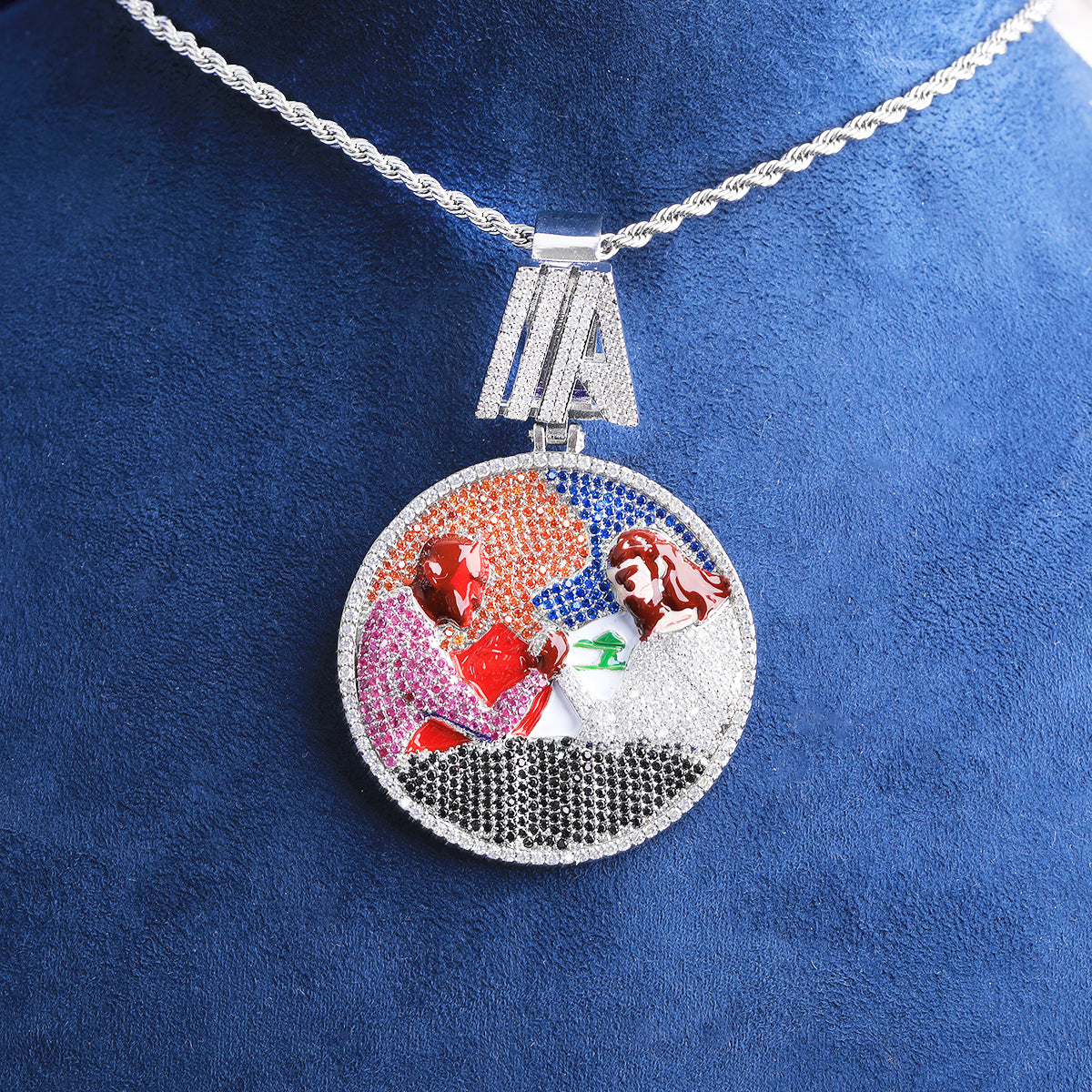 Bubble Letter Iced Out Arm Wrestling Circle Necklace Pendant for Men 5A Cubic Zirconia Hip Hop Jewelry