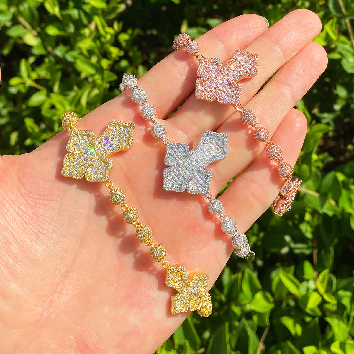 Bubble Letter Iced Out Beads Cross Bracelet for Men 5A Cubic Zirconia Hip Hop Jewelry