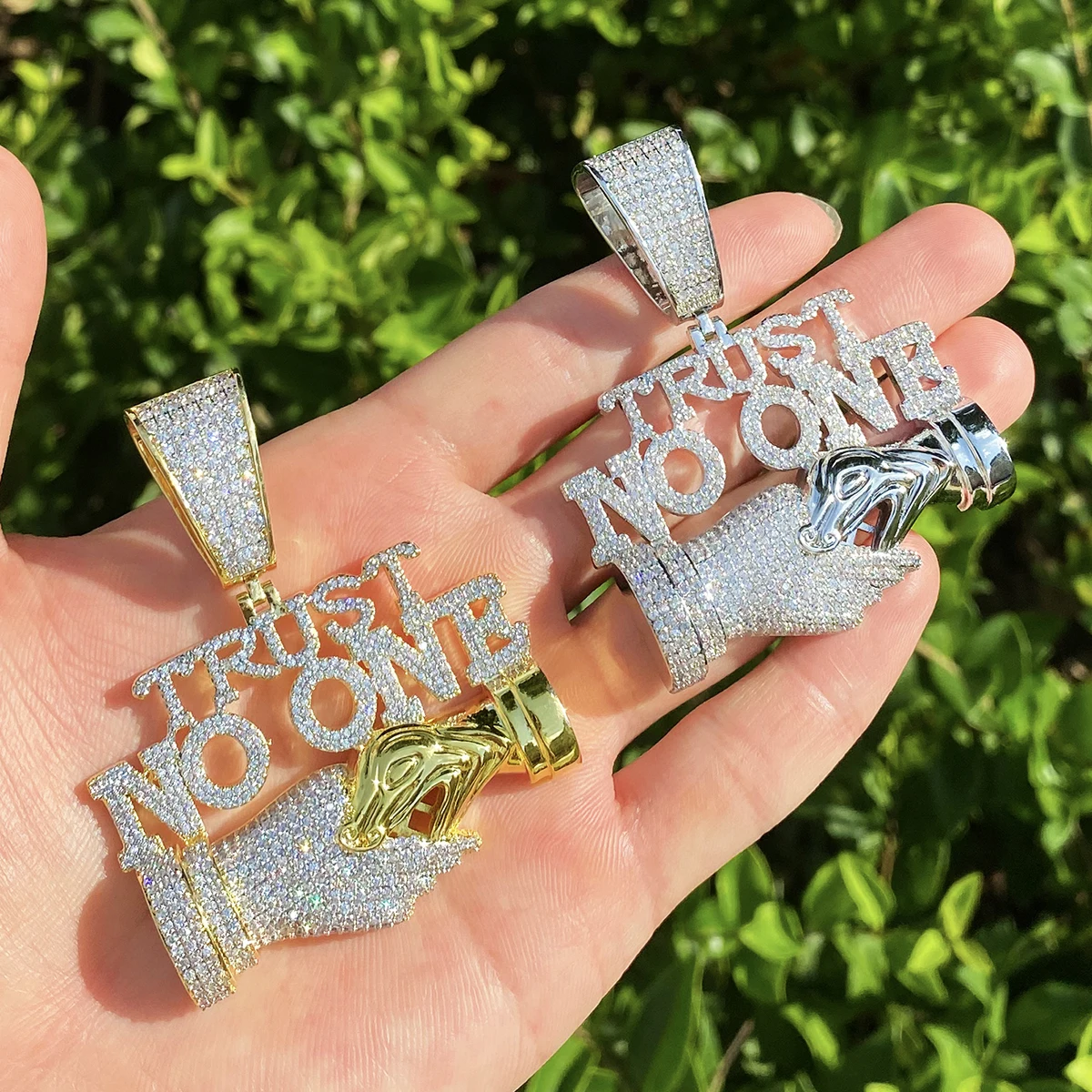Bubble Letter Iced Out Trust No One Necklace Pendant for Men 5A Cubic Zirconia Prong Setting Hip Hop Jewelry
