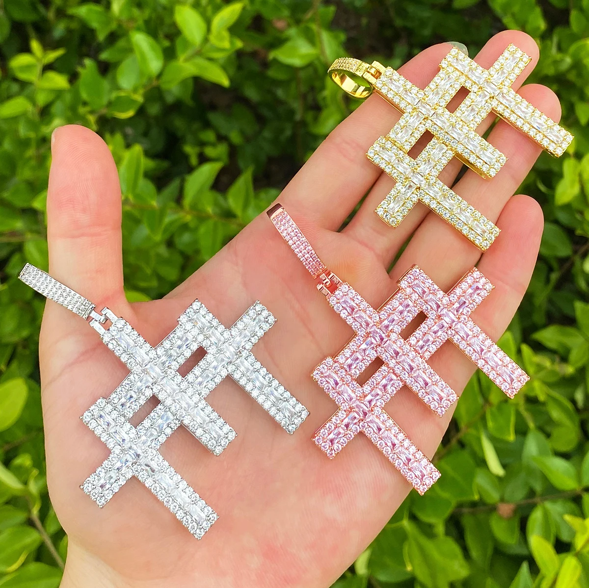 Bubble Letter Iced Out 3 in 1 Cross Necklace Pendant for Men Real Gold Plated 5A Cubic Zirconia Hip Hop Jewelry