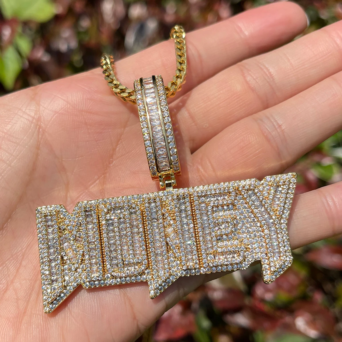 Bubble Letter Money Necklace for Men Iced Out Pendant Real Gold Plated Cubic Zirconia Hip Hop Jewelry