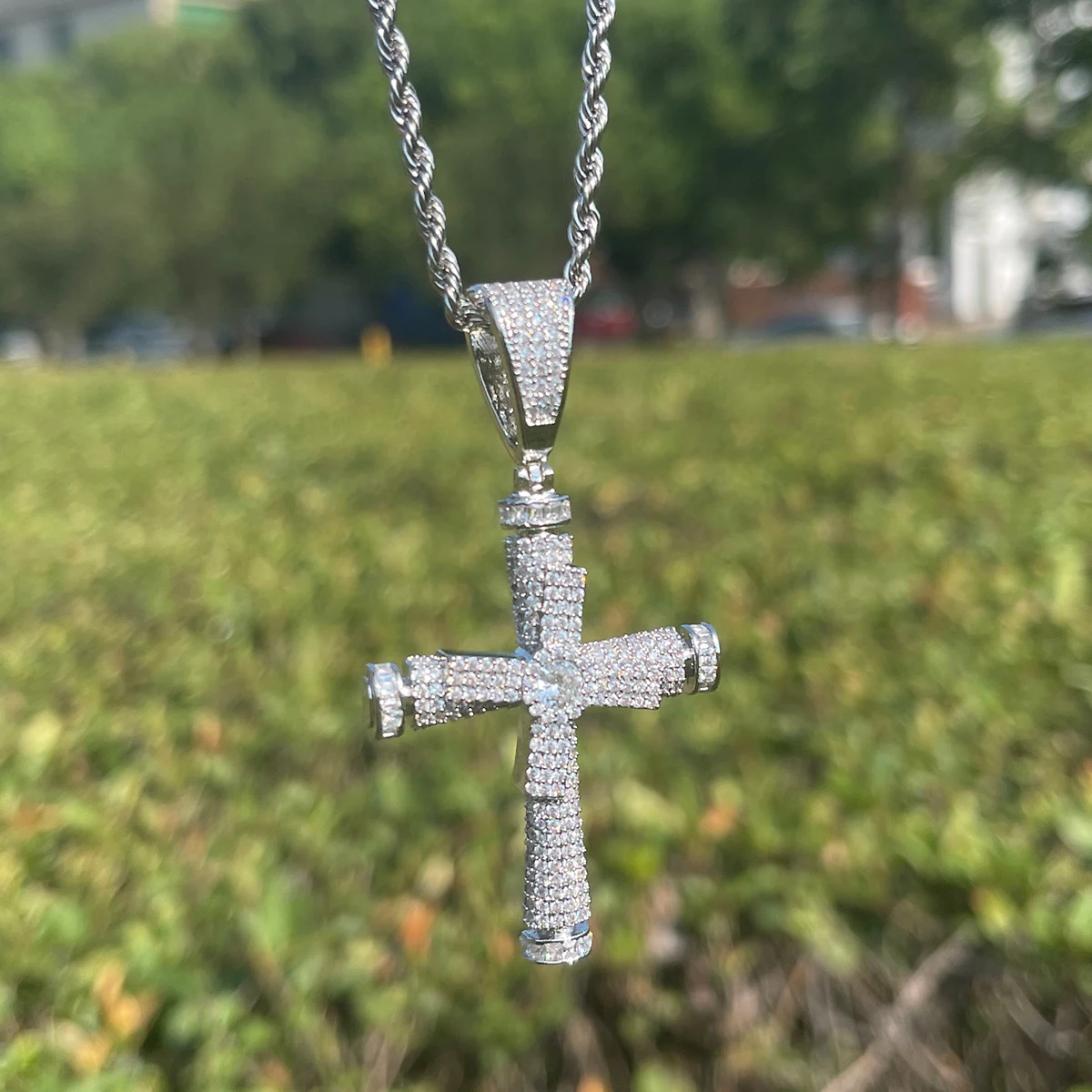 Bubble Letter Iced Out Cross Necklace for Women Prong Setting Cubic Zirconia Real Gold Plated Pendant Hip Hop Jewelry