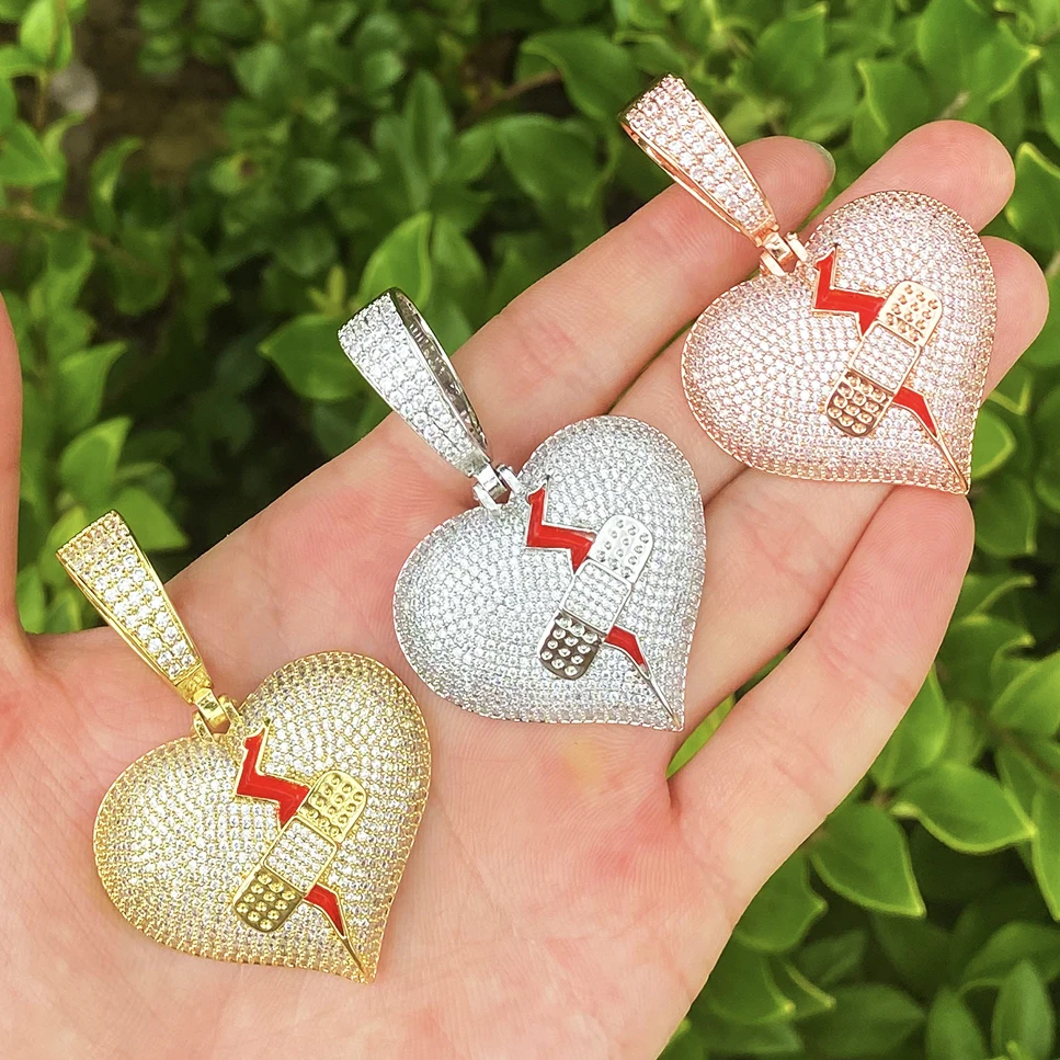 Bubble Letter Iced Out Wound Patch Broken Heart Necklace Pendant for Men Real Gold Plated 5A Cubic Zirconia Hip Hop Jewelry