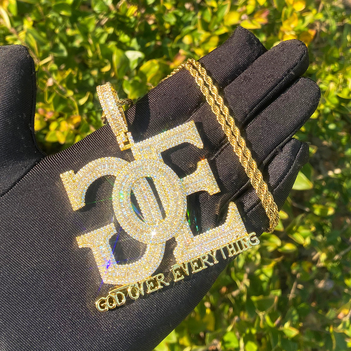 Bubble Letter Iced Out Backside God Over Everything Necklace Pendant for Men Real Gold Plated 5A Cubic Zirconia Hip Hop Jewelry
